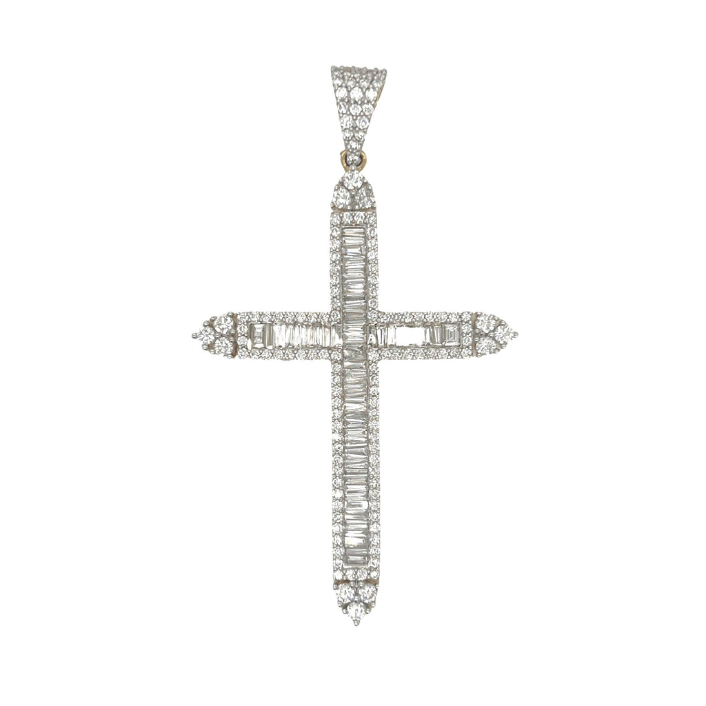 10K Yellow Gold Baguette Diamond Cross Pendant 3.07 CT 2.5"