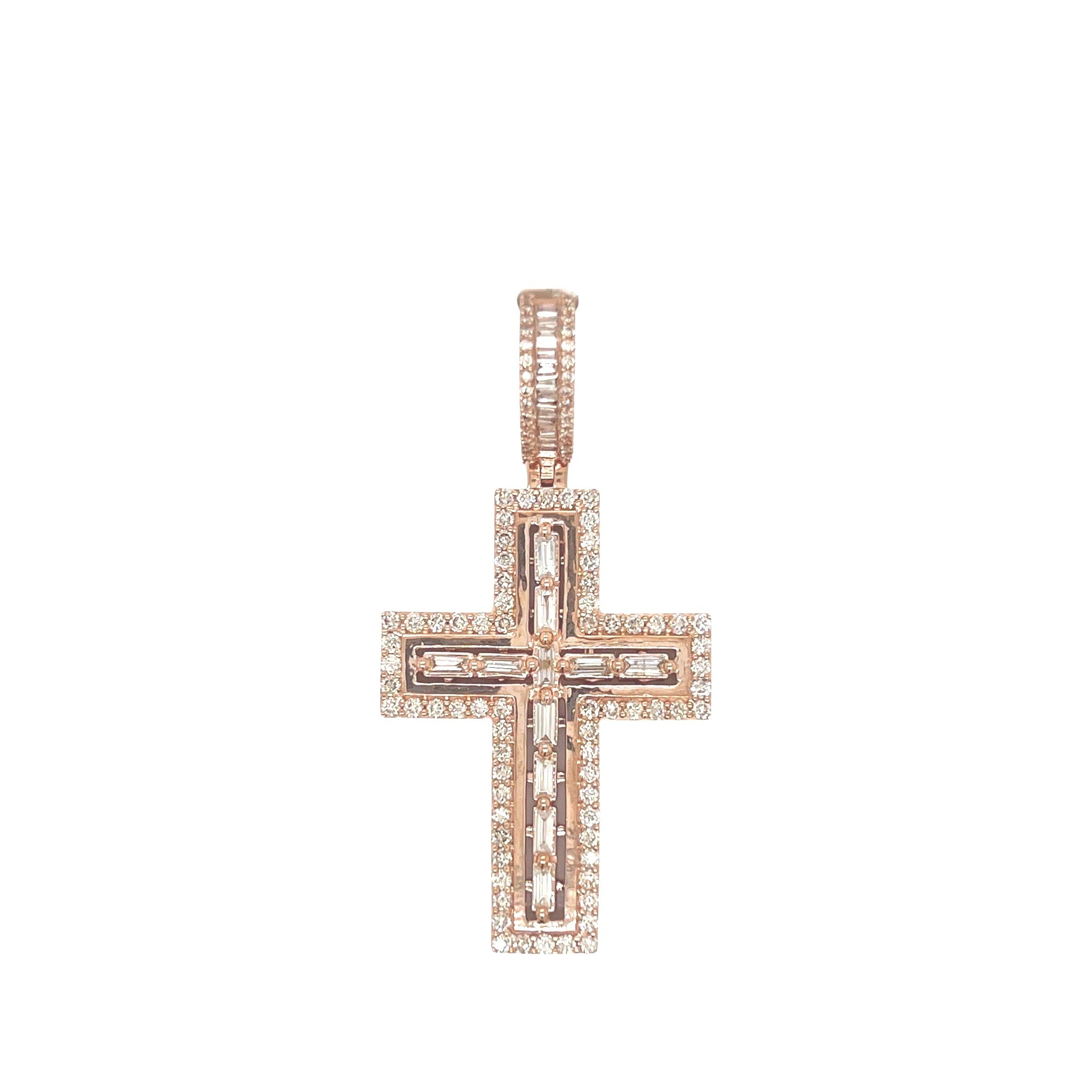 10K Rose Gold Baguette Diamond Cross Pendant 2.27 CT 2.1"