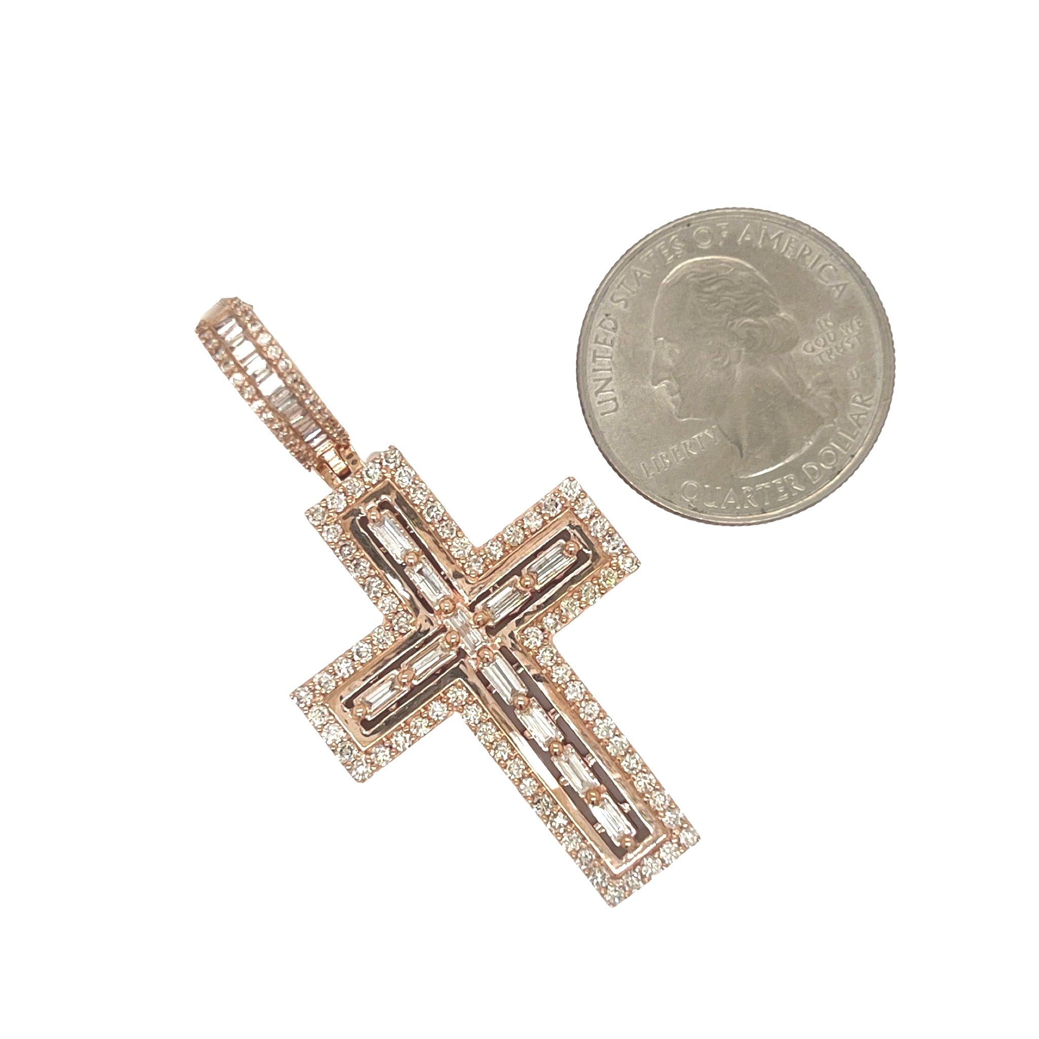 10K Rose Gold Baguette Diamond Cross Pendant 2.27 CT 2.1"