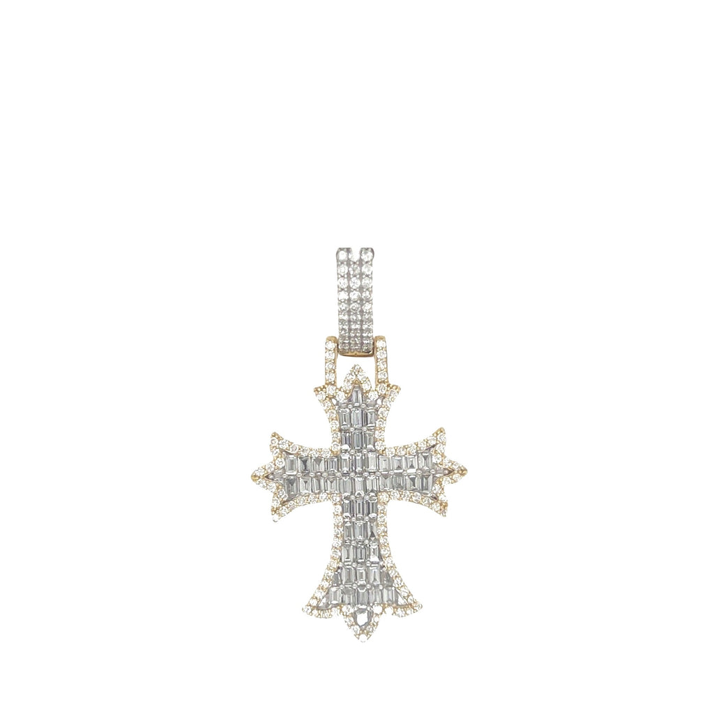 10K Yellow Gold Designer Emerald VS Diamond Cross Pendant 2.10 CT 1.8"