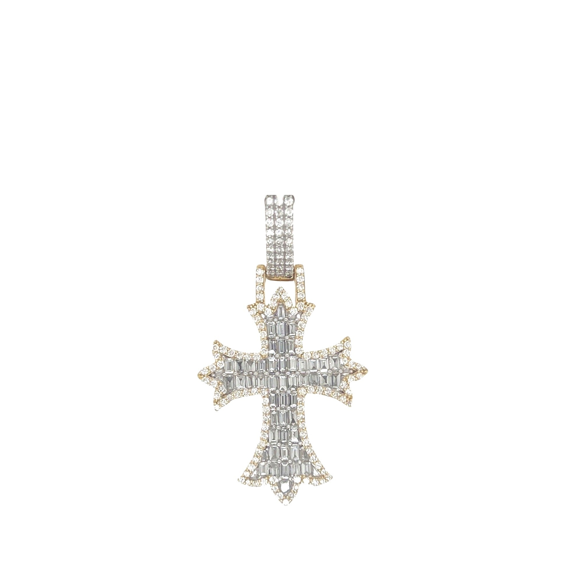 10K Yellow Gold Designer Emerald VS Diamond Cross Pendant 2.10 CT 1.8"