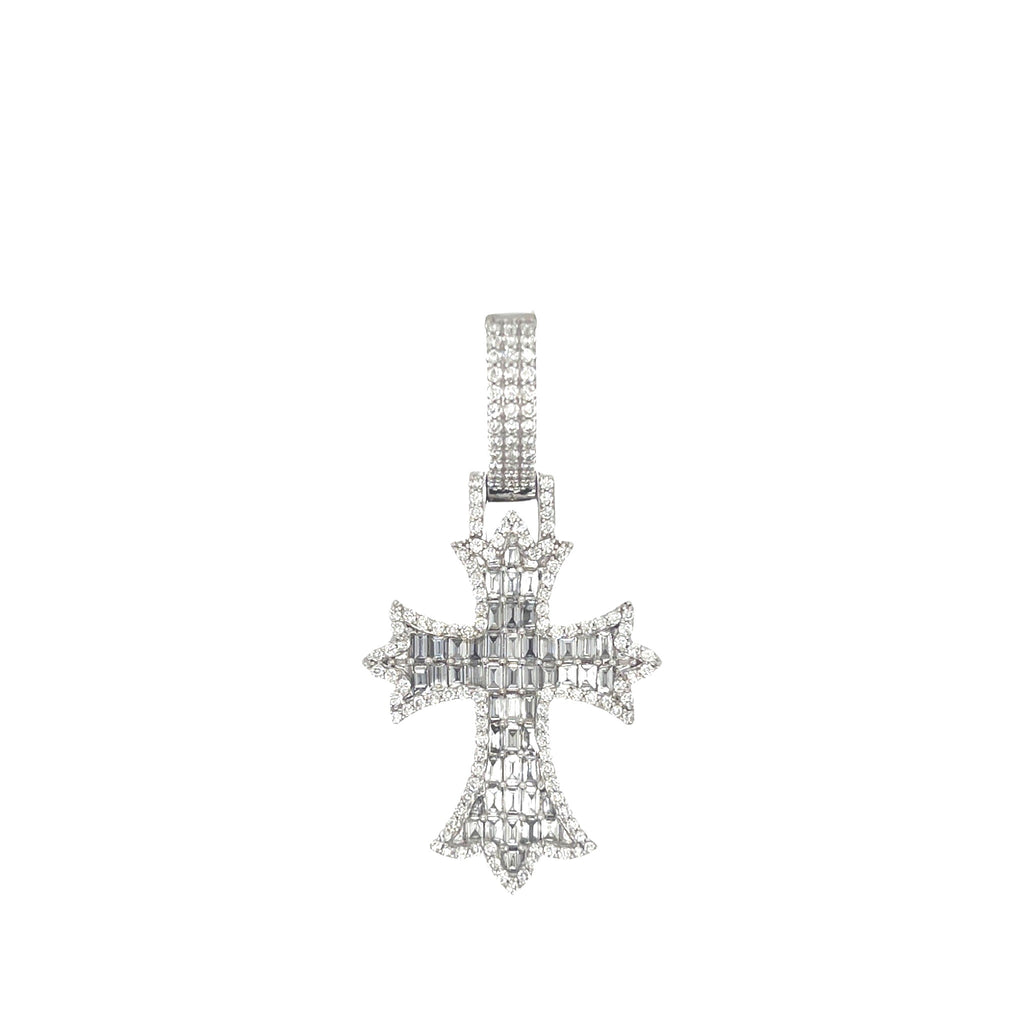 10K White Gold Designer Emerald VS Diamond Cross Pendant 2.10 CT 1.8"