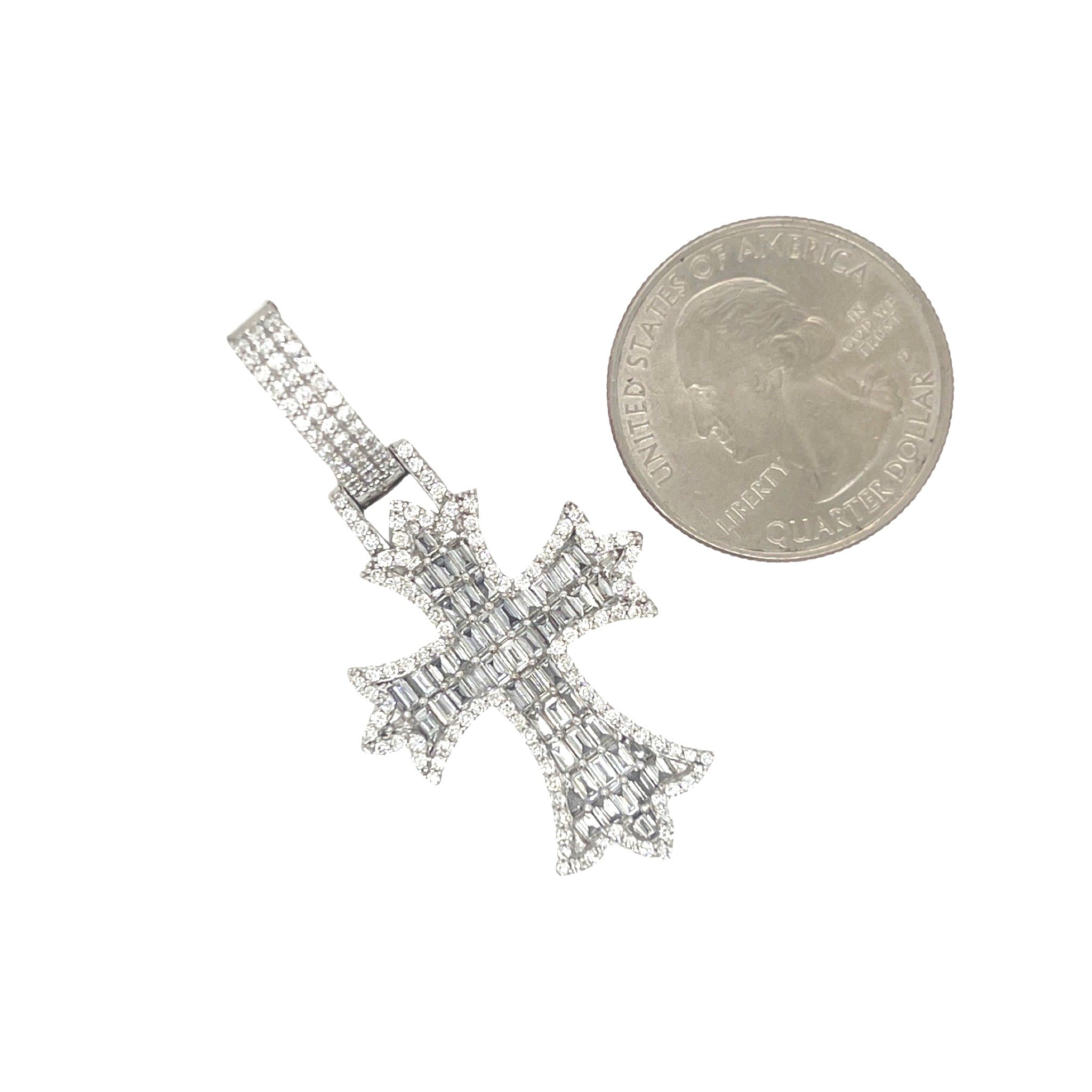 10K White Gold Designer Emerald VS Diamond Cross Pendant 2.10 CT 1.8"