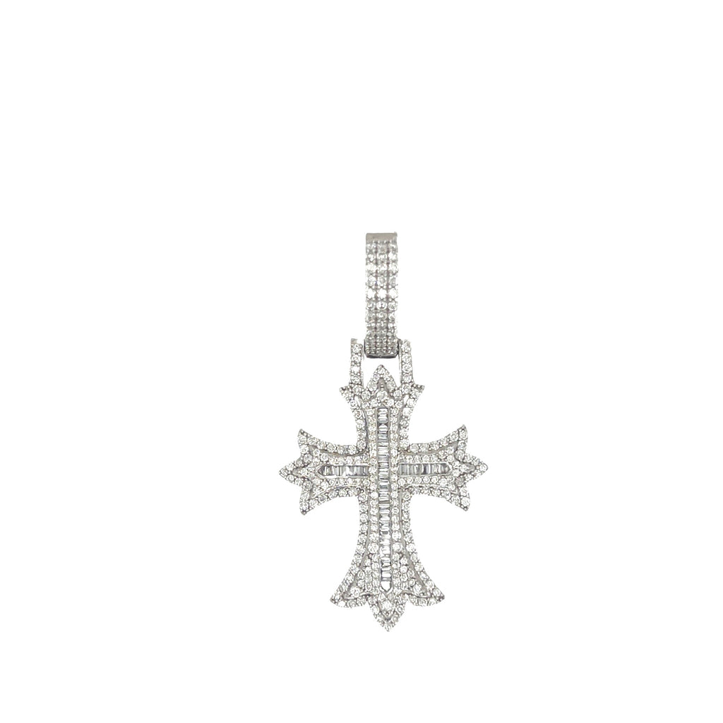 10K White Gold Designer Baguette Diamond Cross Pendant 1.51 CT 1.8"