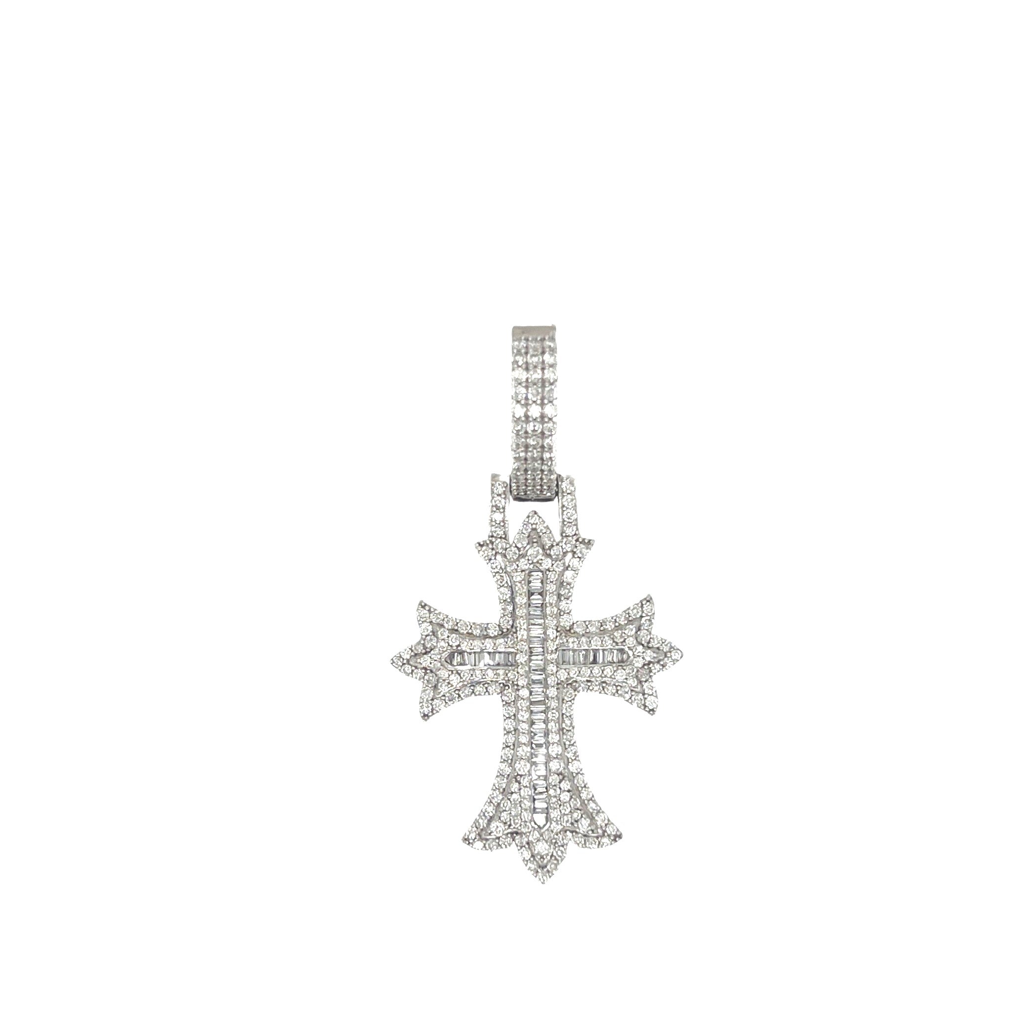 10K White Gold Designer Baguette Diamond Cross Pendant 1.51 CT 1.8"
