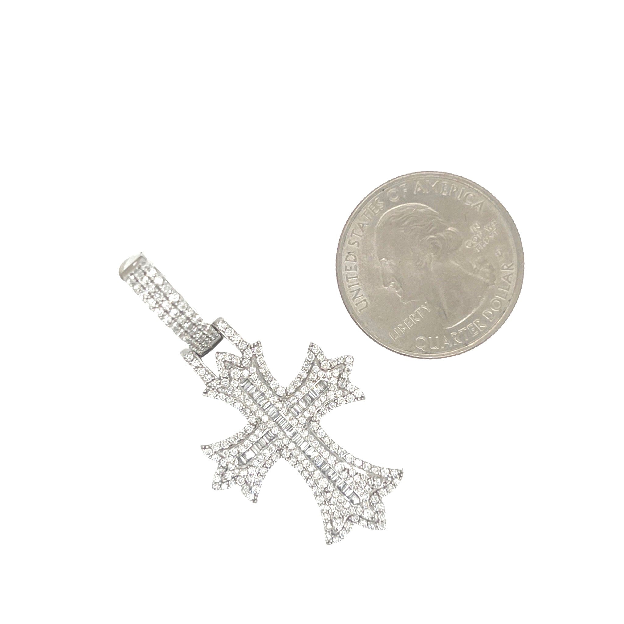 10K White Gold Designer Baguette Diamond Cross Pendant 1.51 CT 1.8"