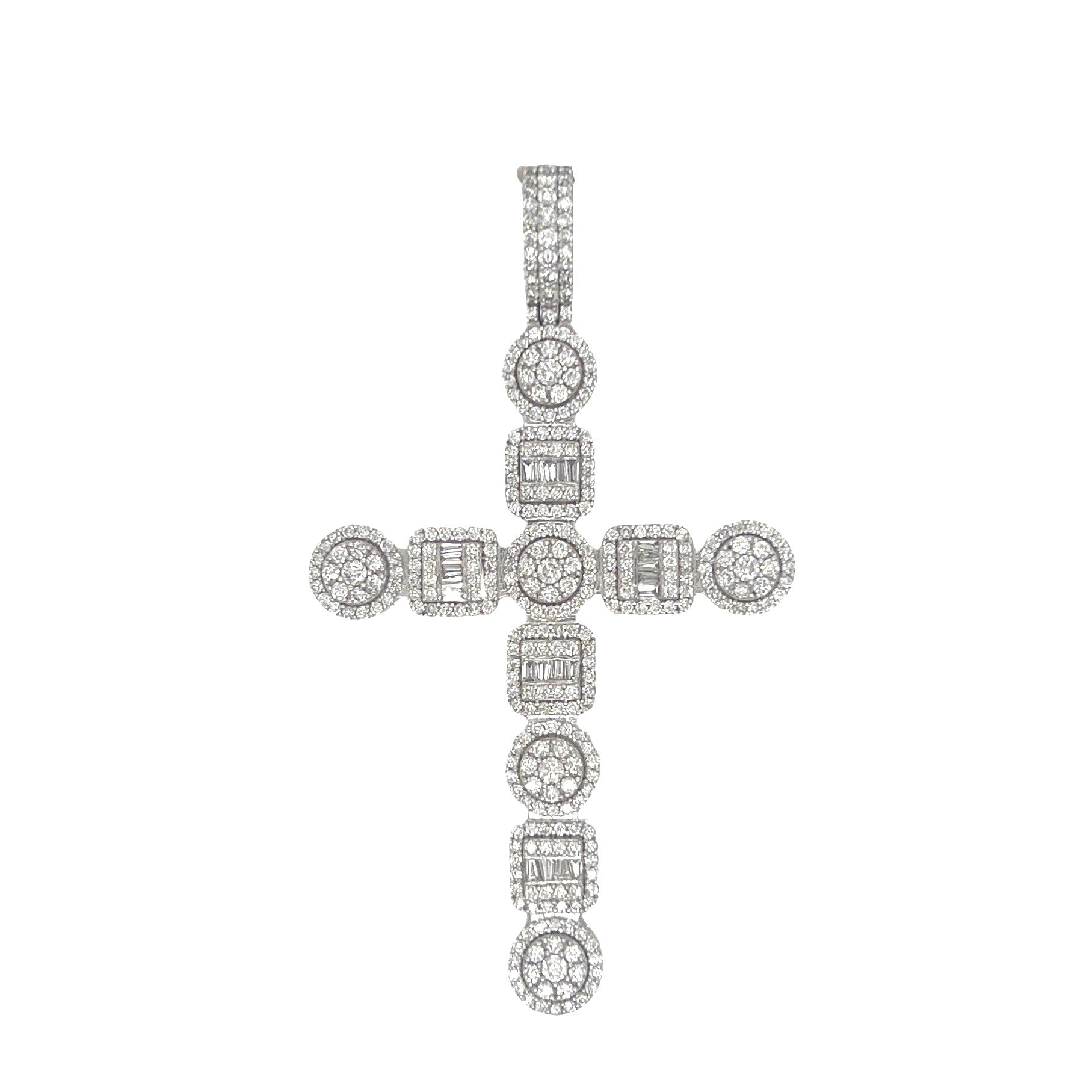 10K White Gold Designer Baguette Cluster Diamond Cross Pendant 2.38 CT 2.7"