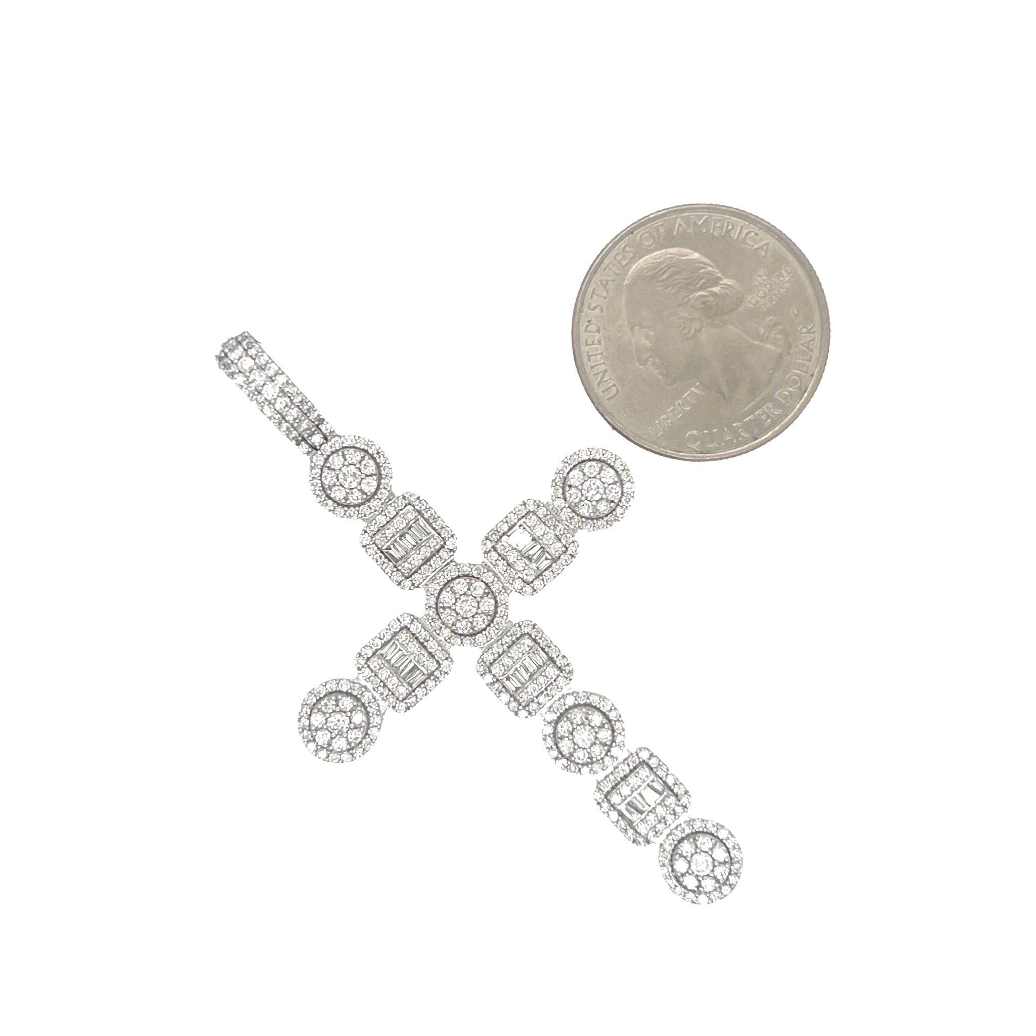 10K White Gold Designer Baguette Cluster Diamond Cross Pendant 2.38 CT 2.7"