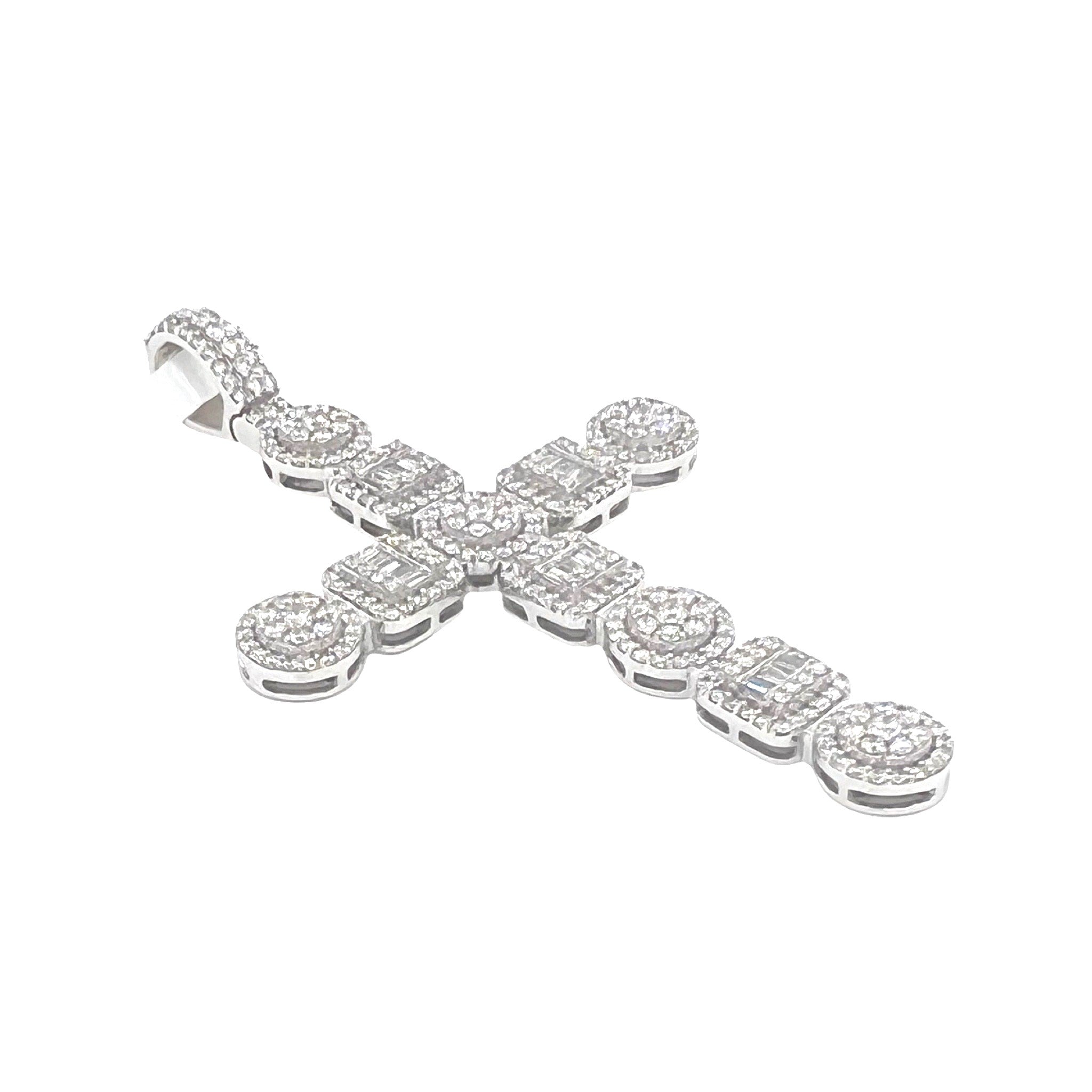 10K White Gold Designer Baguette Cluster Diamond Cross Pendant 2.38 CT 2.7"