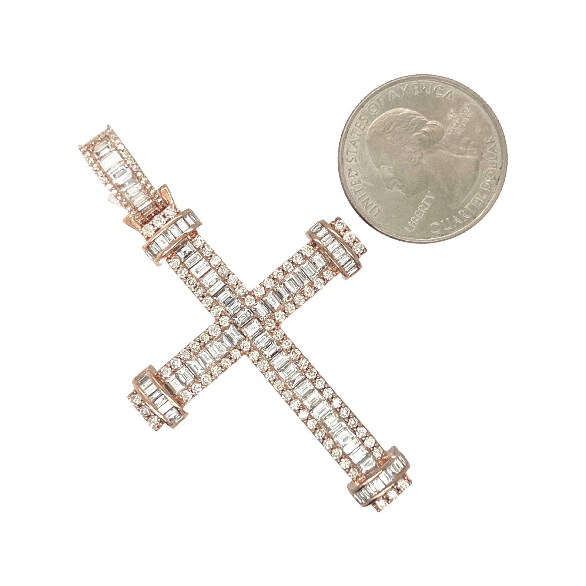 10K Rose Gold Baguette Diamond Cross Pendant 4.5 CT 2.6"