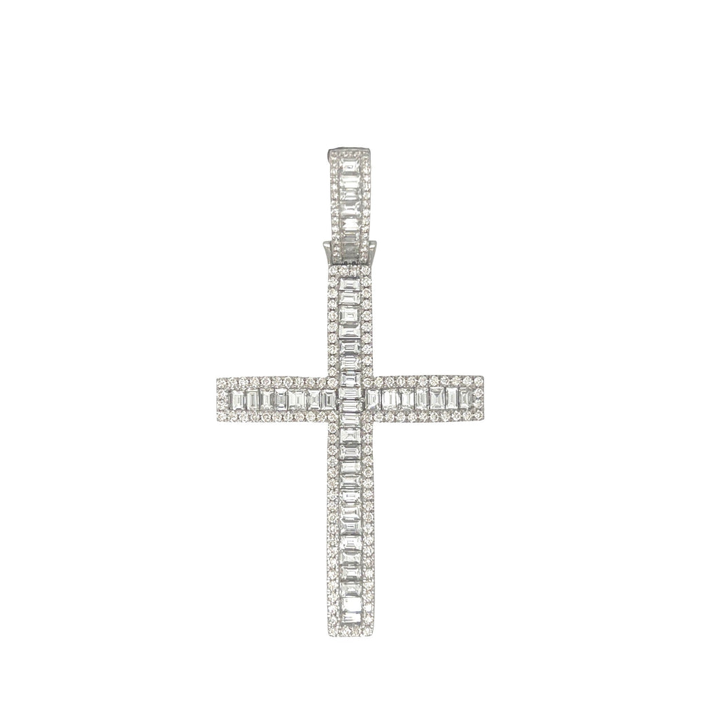 14K White Gold Baguette Diamond Cross Pendant 4.7 CT 2.5"