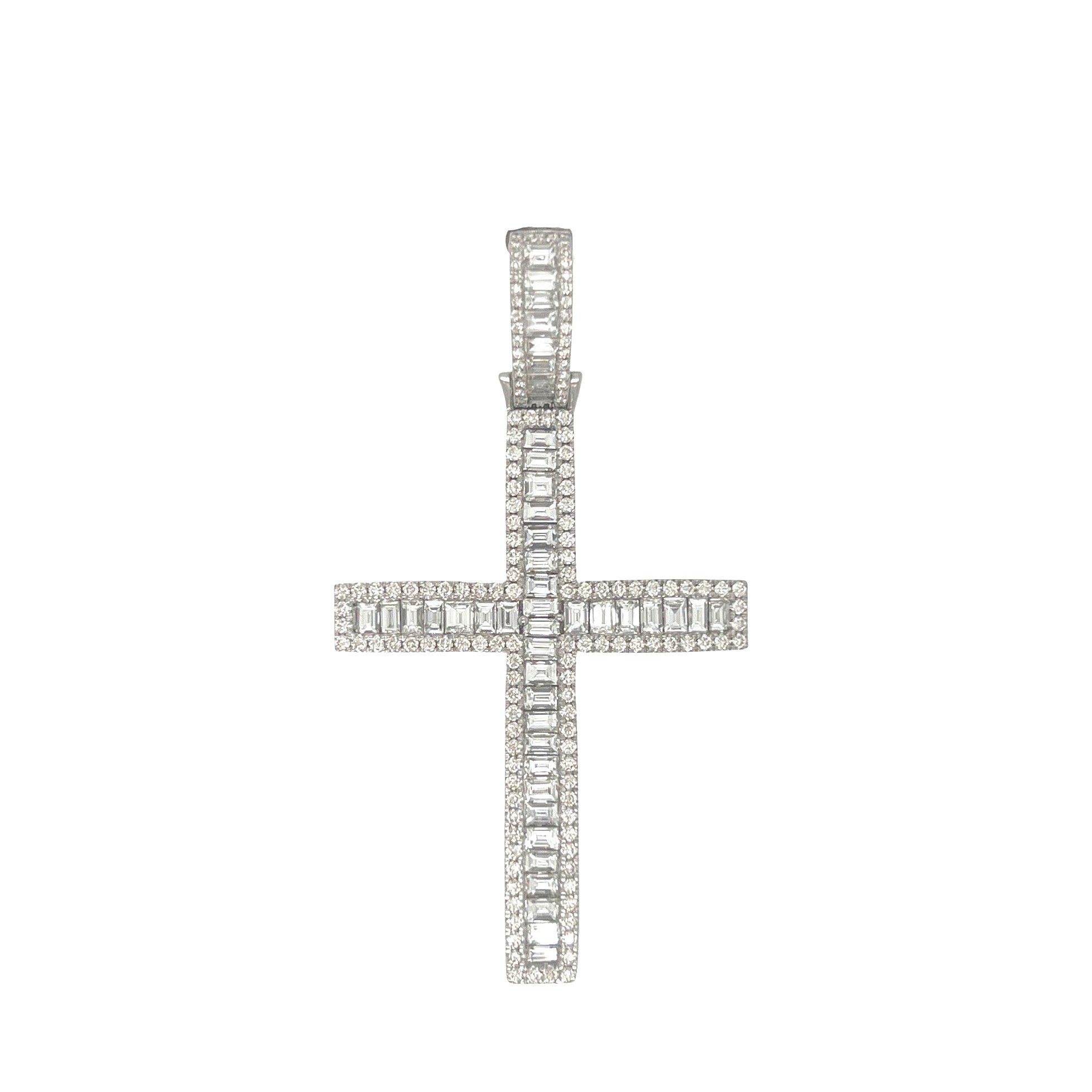 14K White Gold Baguette Diamond Cross Pendant 4.7 CT 2.5"