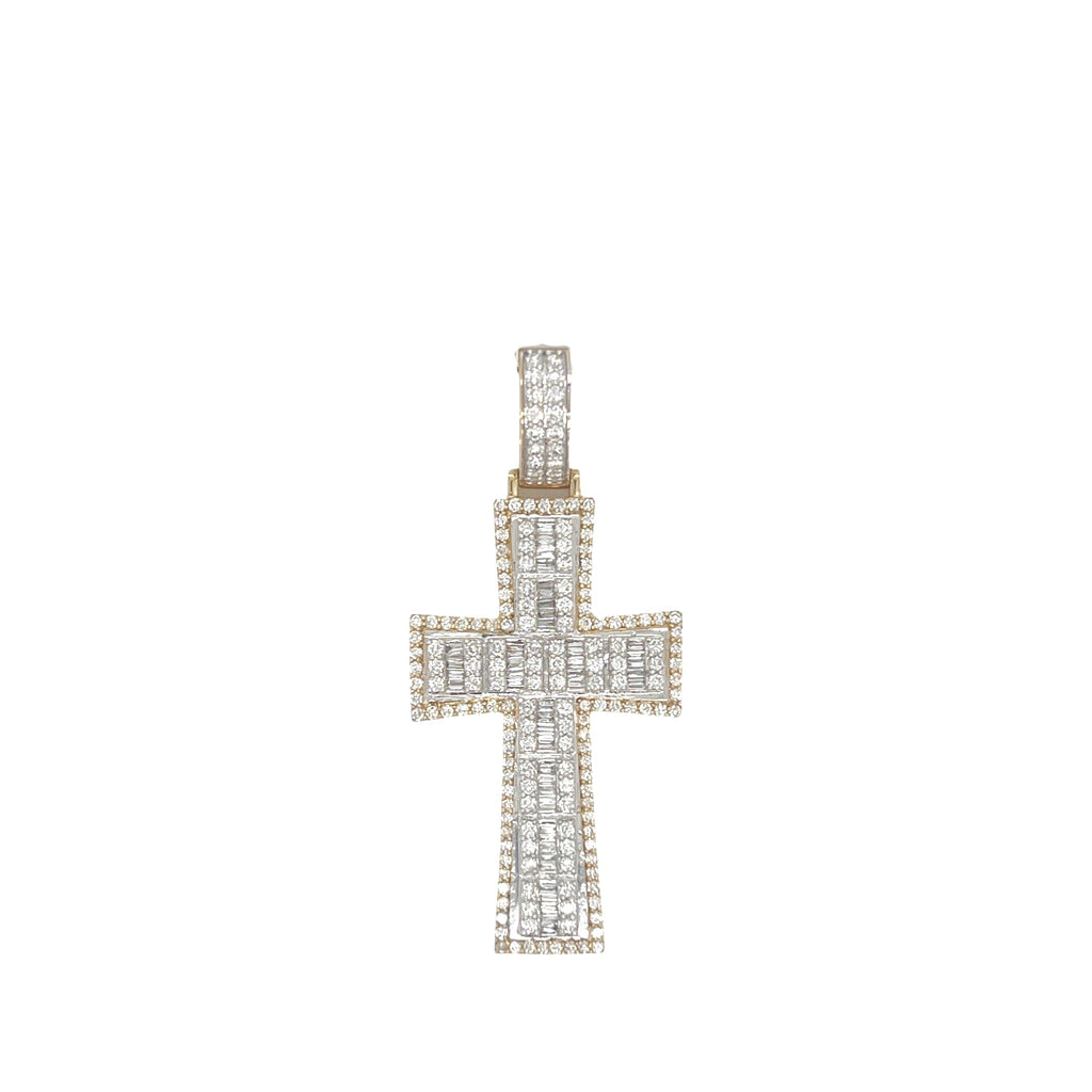 10K Yellow Gold Baguette Diamond Cross Pendant 1.6 CT 2"