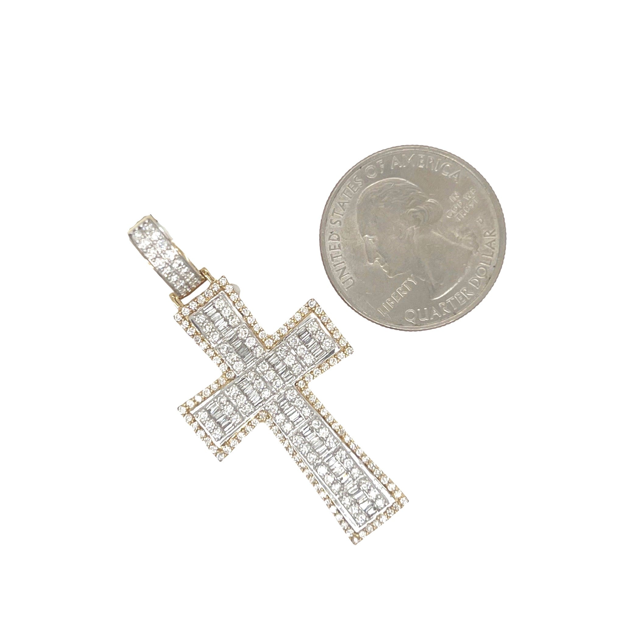 10K Yellow Gold Baguette Diamond Cross Pendant 1.6 CT 2"