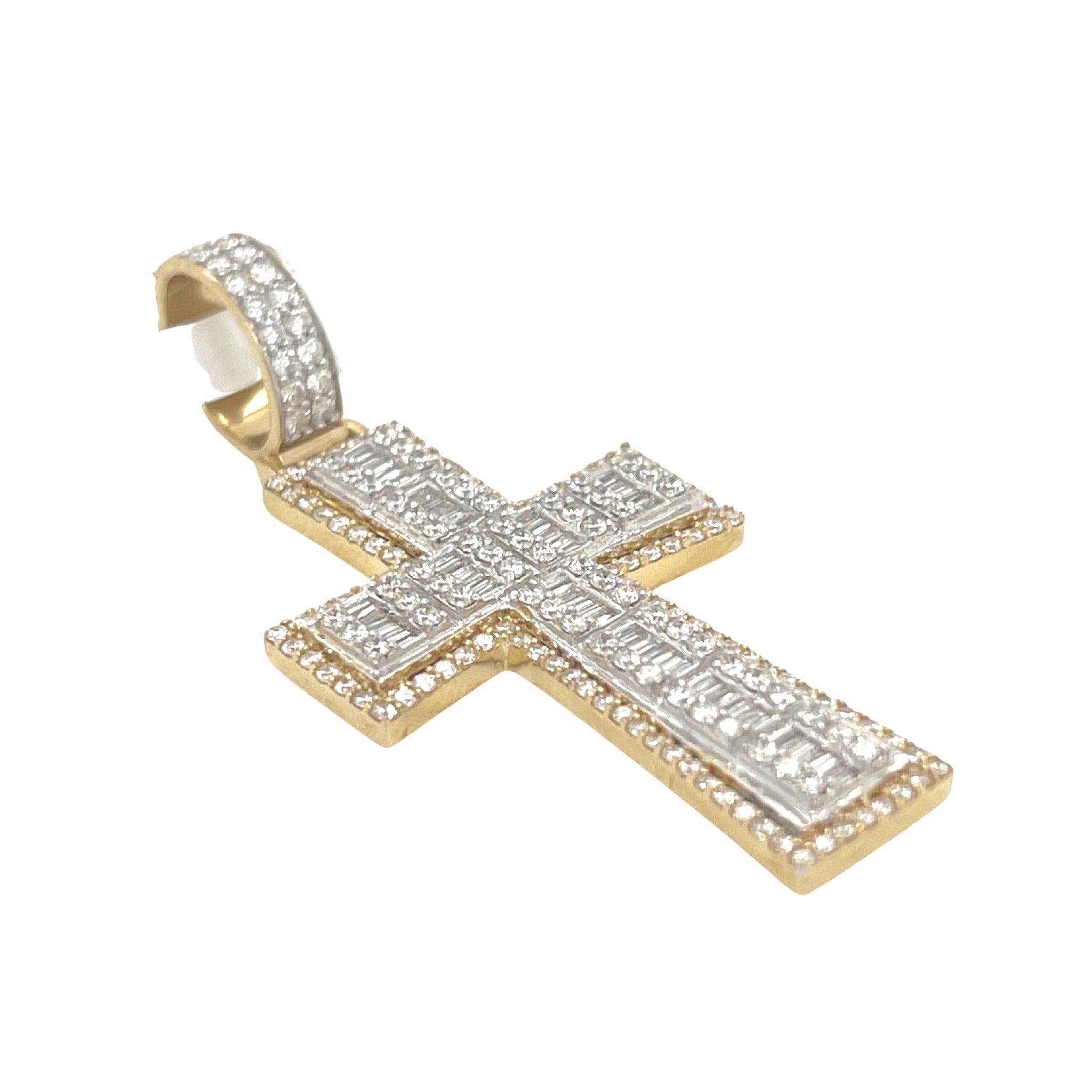 10K Yellow Gold Baguette Diamond Cross Pendant 1.6 CT 2"