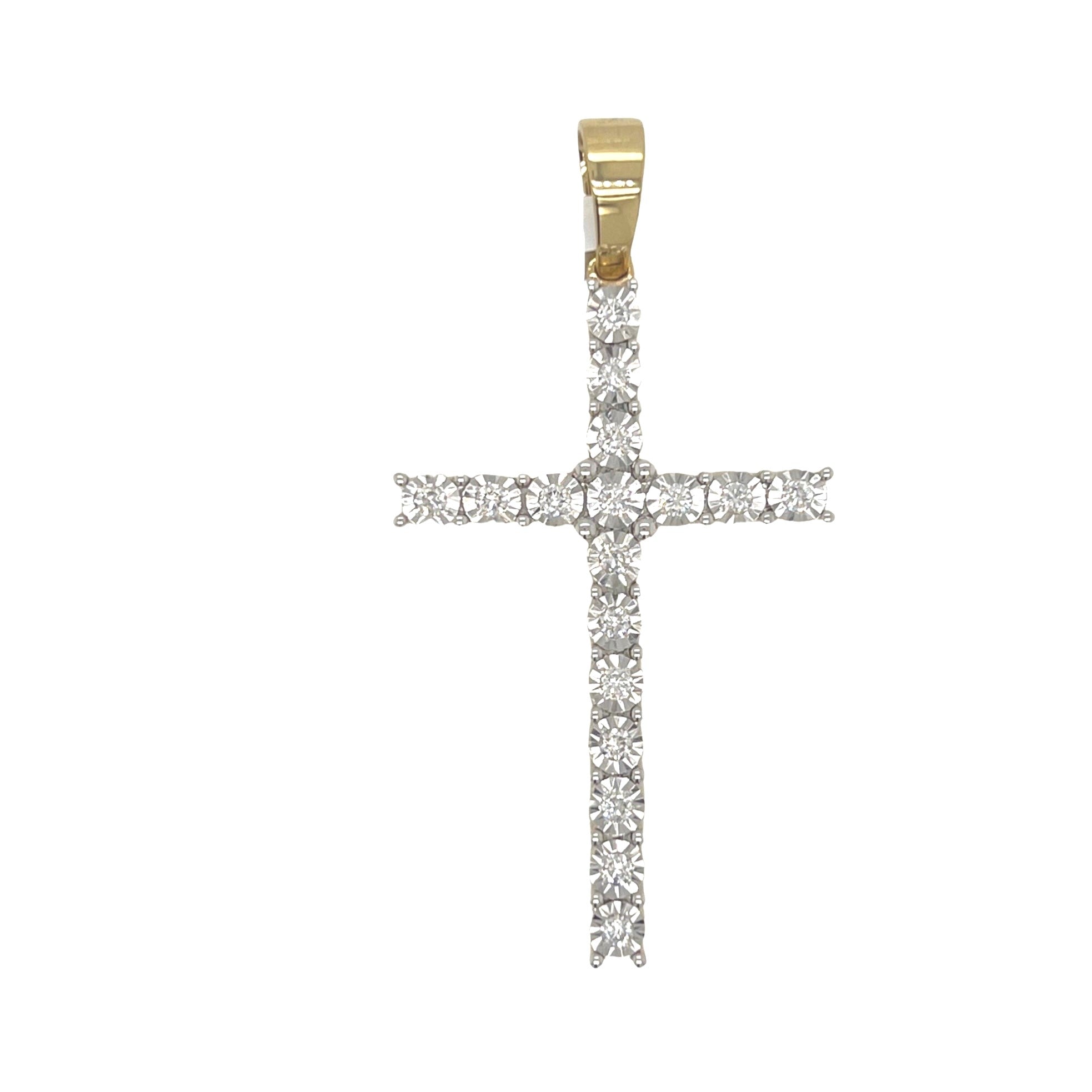 10K Yellow Gold 1 Row Miracle Tennis Diamond Cross Pendant 0.65 CT 2.25"