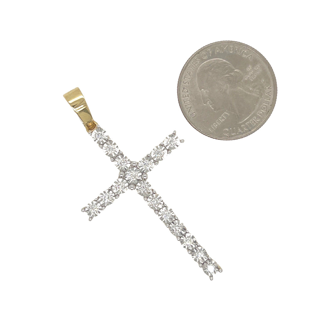 10K Yellow Gold 1 Row Miracle Tennis Diamond Cross Pendant 0.65 CT 2.25"