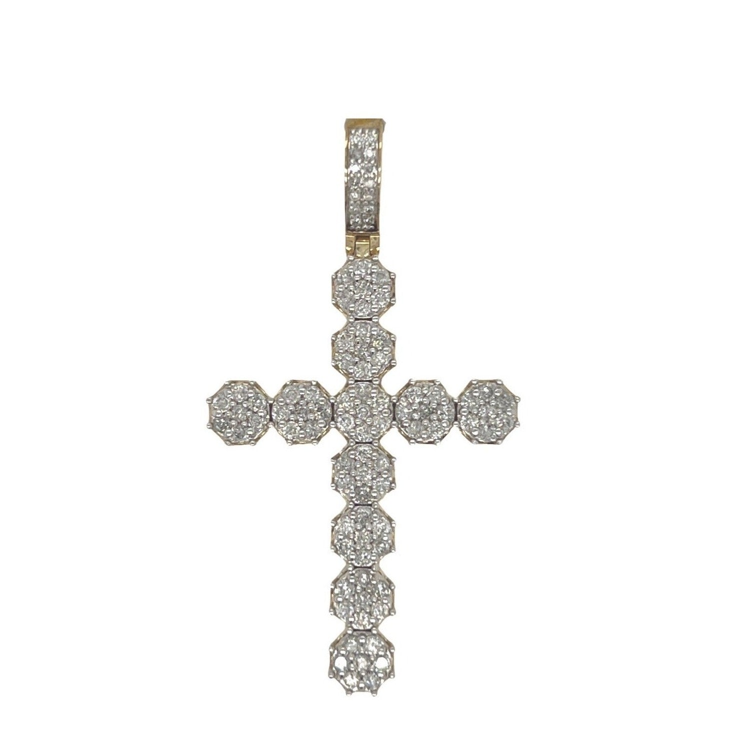 10K Yellow Gold 3D Cluster Diamond Cross Pendant 2.19 CT 2.1"