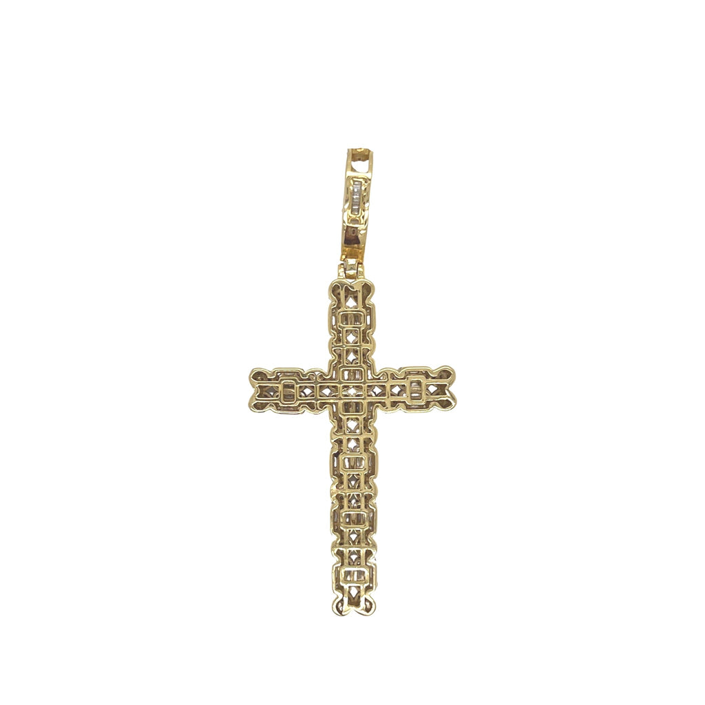 10K Yellow Gold Baguette Diamond Cross Pendant 2.5 CT 2.6"