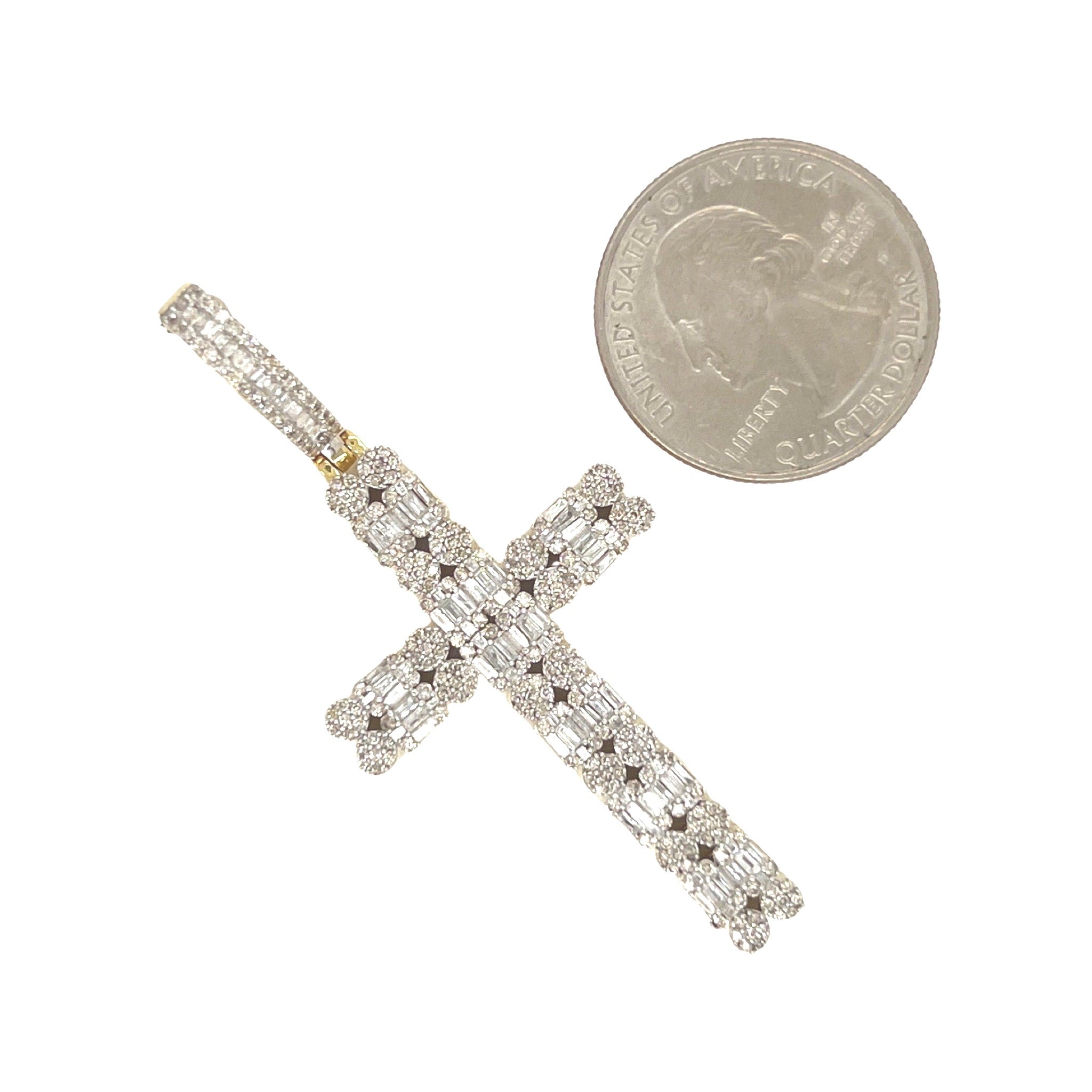 10K Yellow Gold Baguette Diamond Cross Pendant 2.5 CT 2.6"