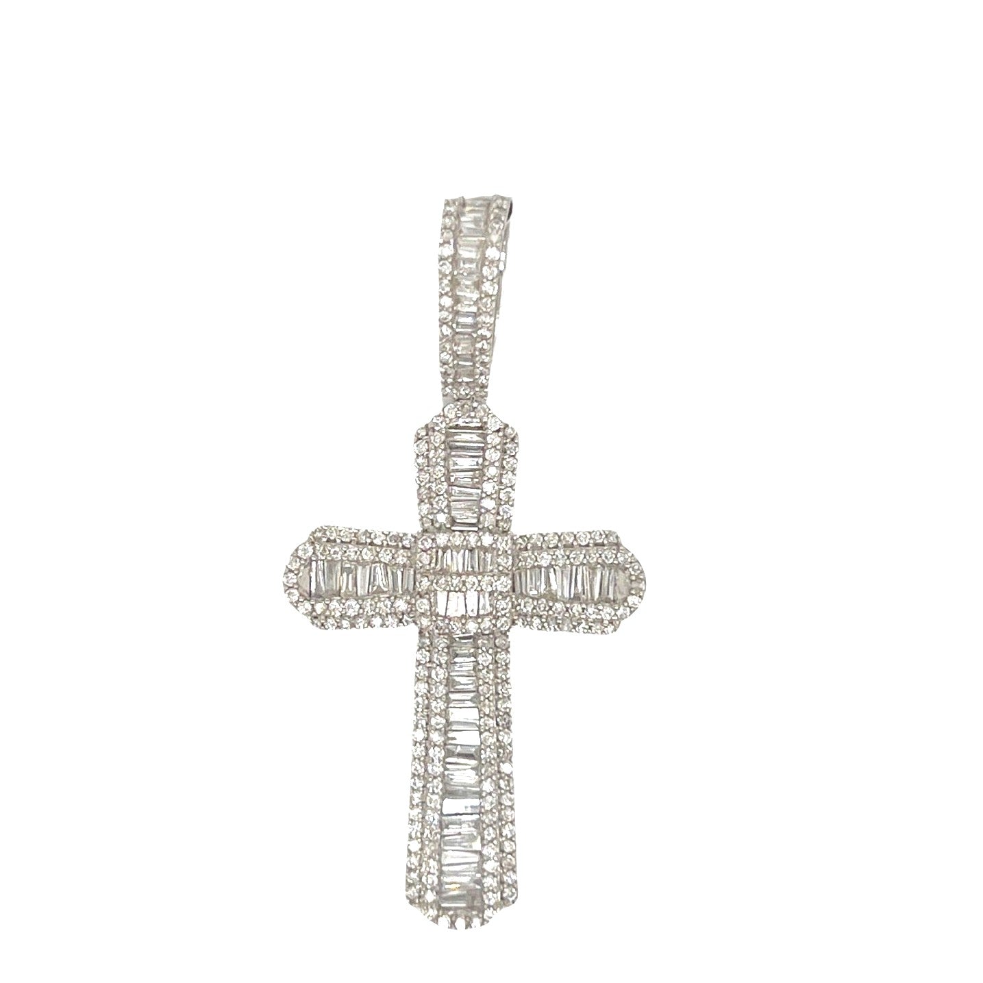 10K White Gold Baguette Diamond Cross Pendant 1.55 CT 1.8"