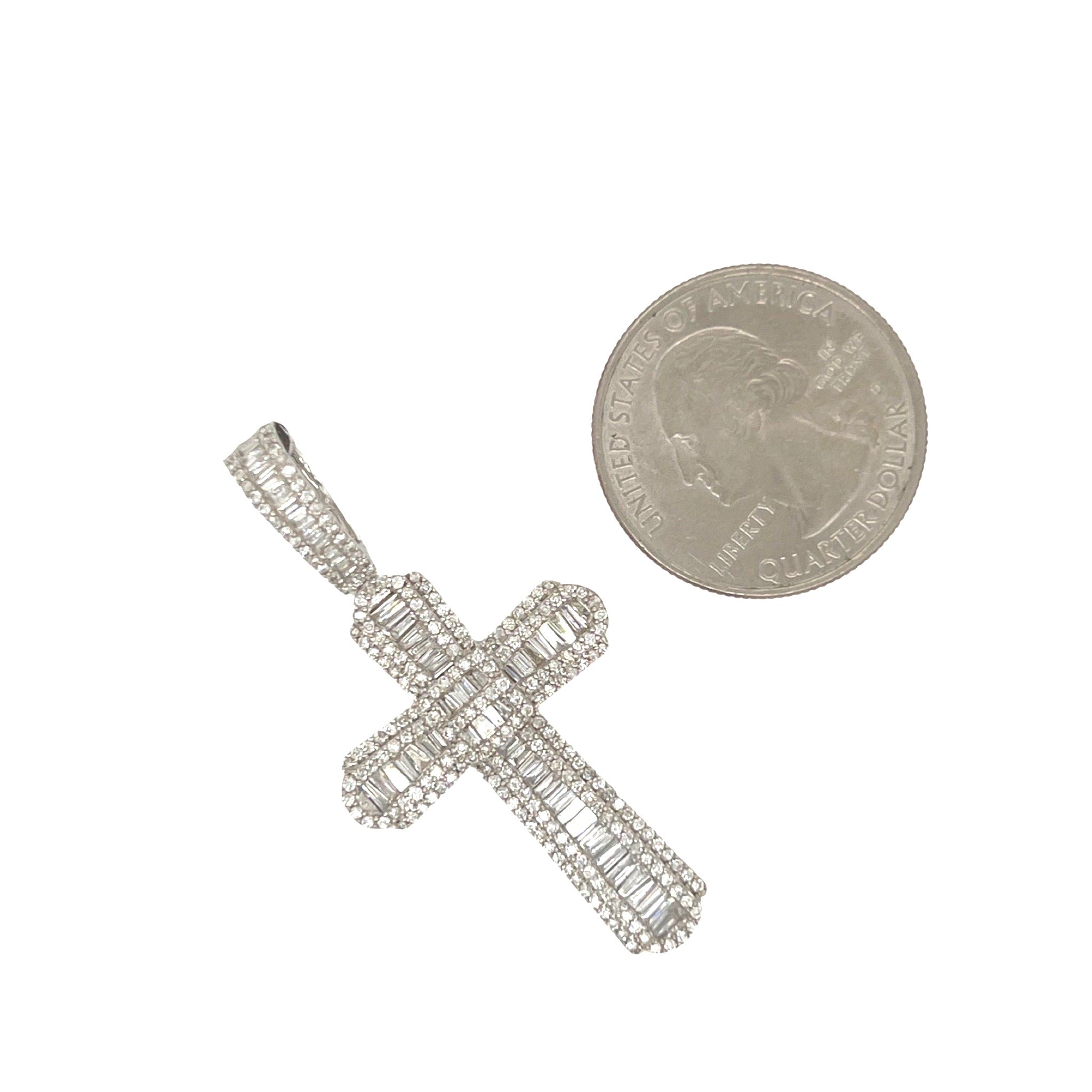 10K White Gold Baguette Diamond Cross Pendant 1.55 CT 1.8"