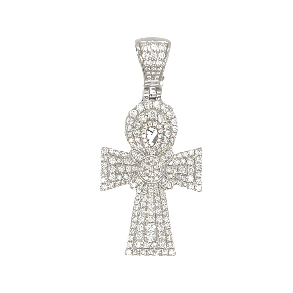 14K White Gold Egyptian Ankh Diamond Cross Pendant 2.26 CT 1.9"