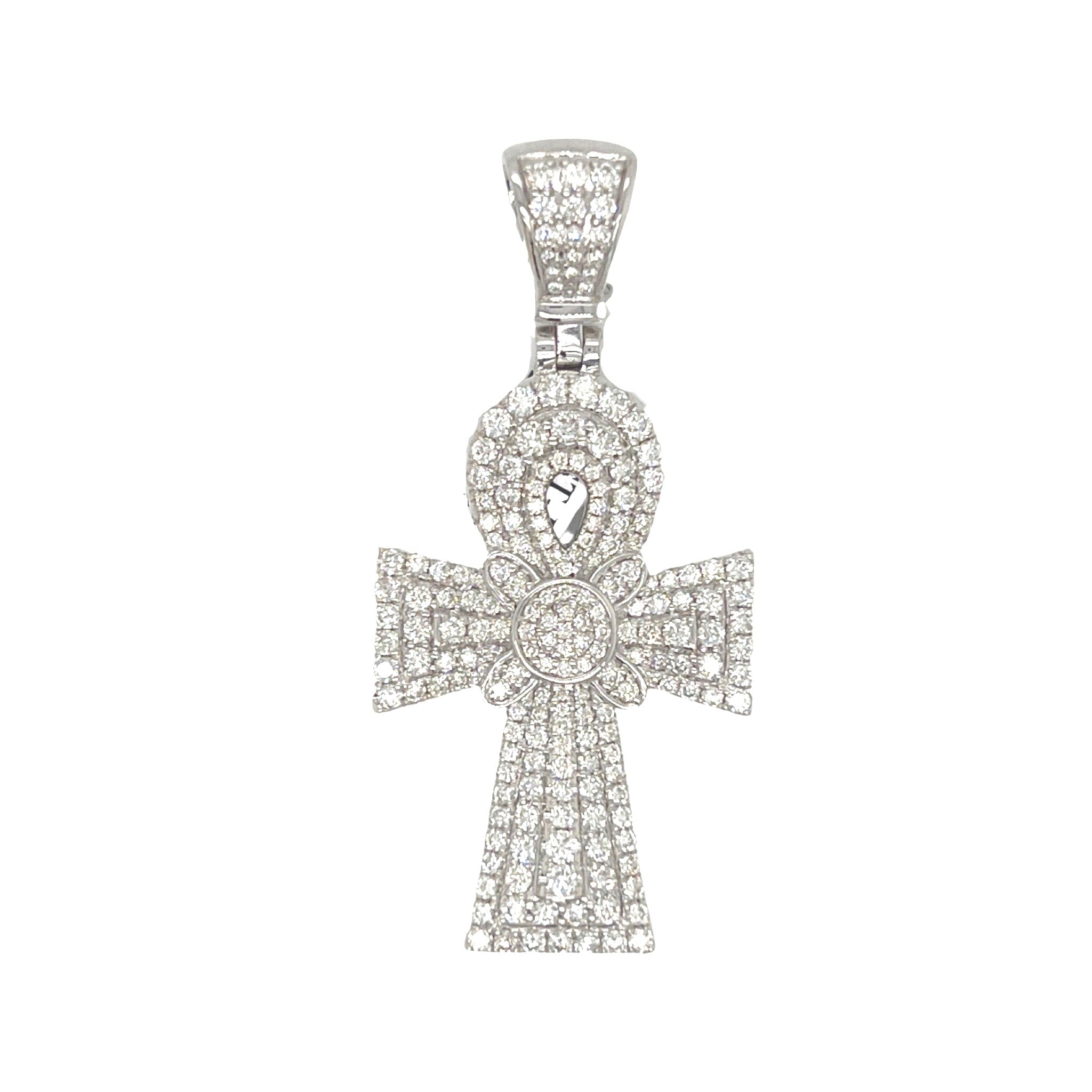 14K White Gold Egyptian Ankh Diamond Cross Pendant 2.26 CT 1.9"