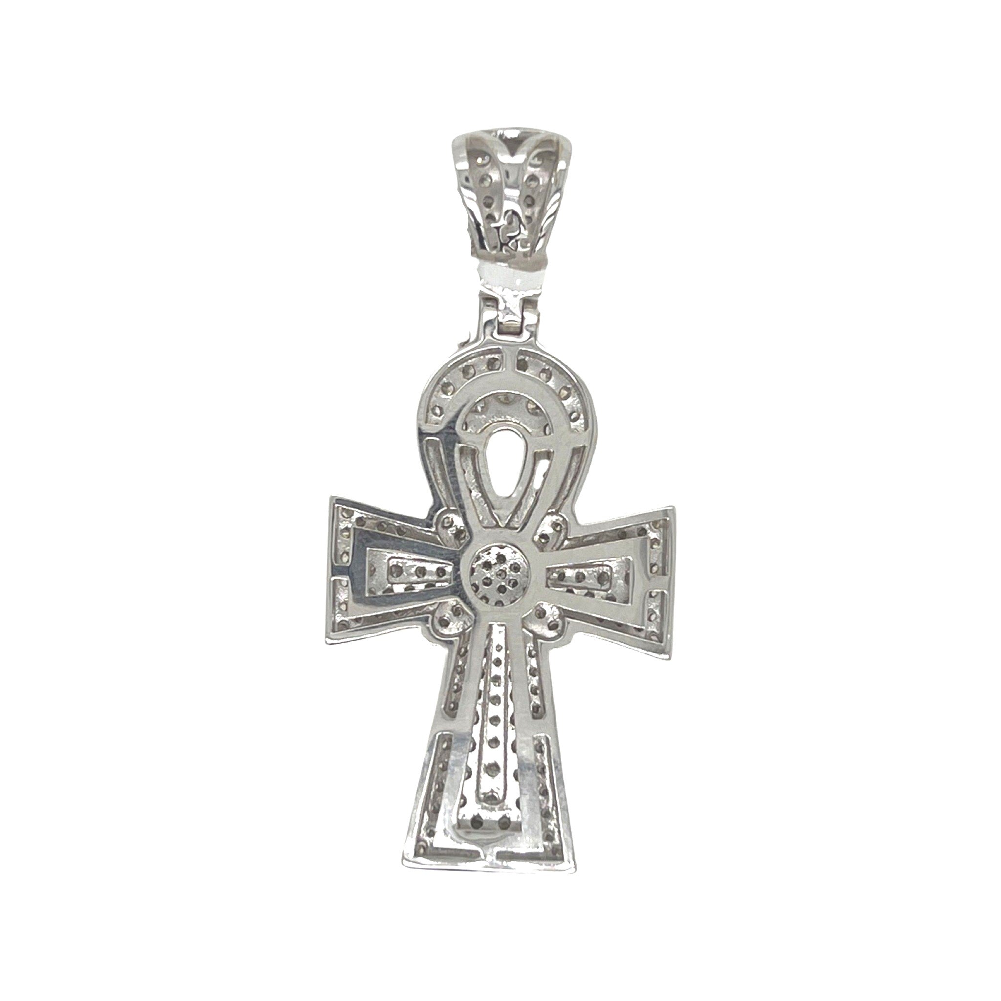 14K White Gold Egyptian Ankh Diamond Cross Pendant 2.26 CT 1.9"