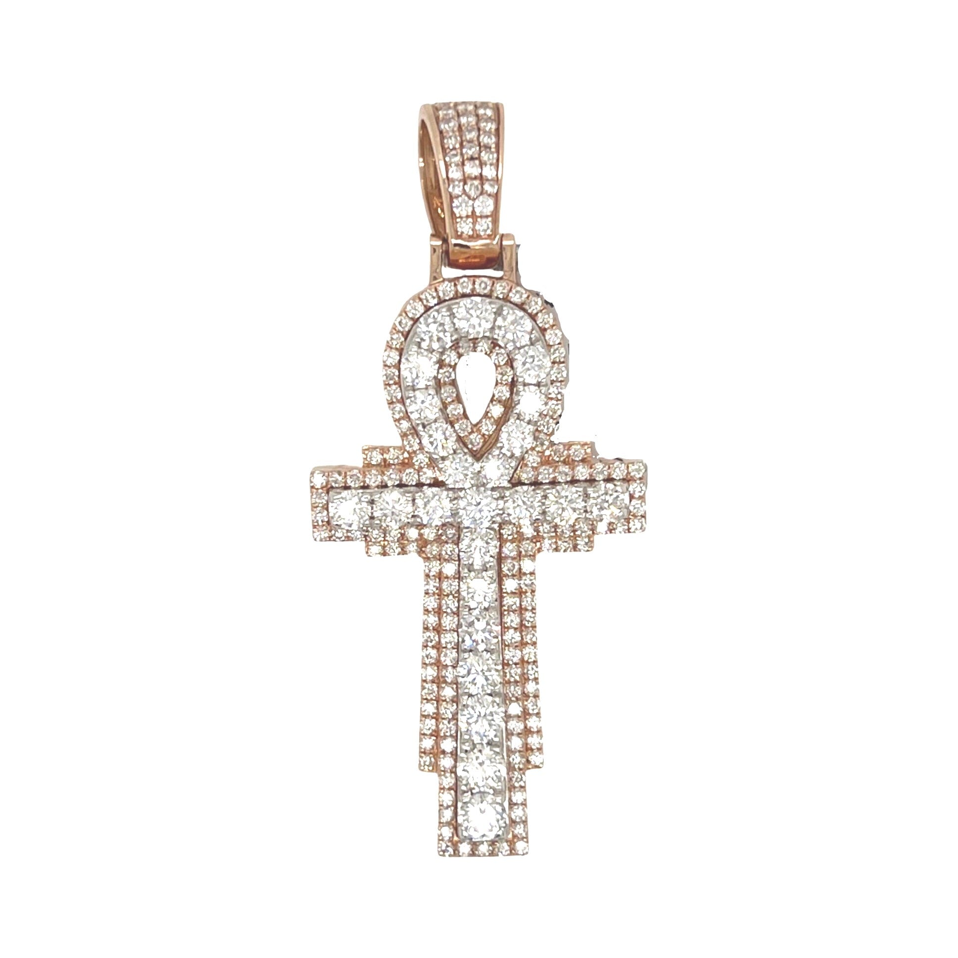14K Two-Tone Gold 3D Egyptian Ankh Diamond Cross Pendant 3.0 CT 2"