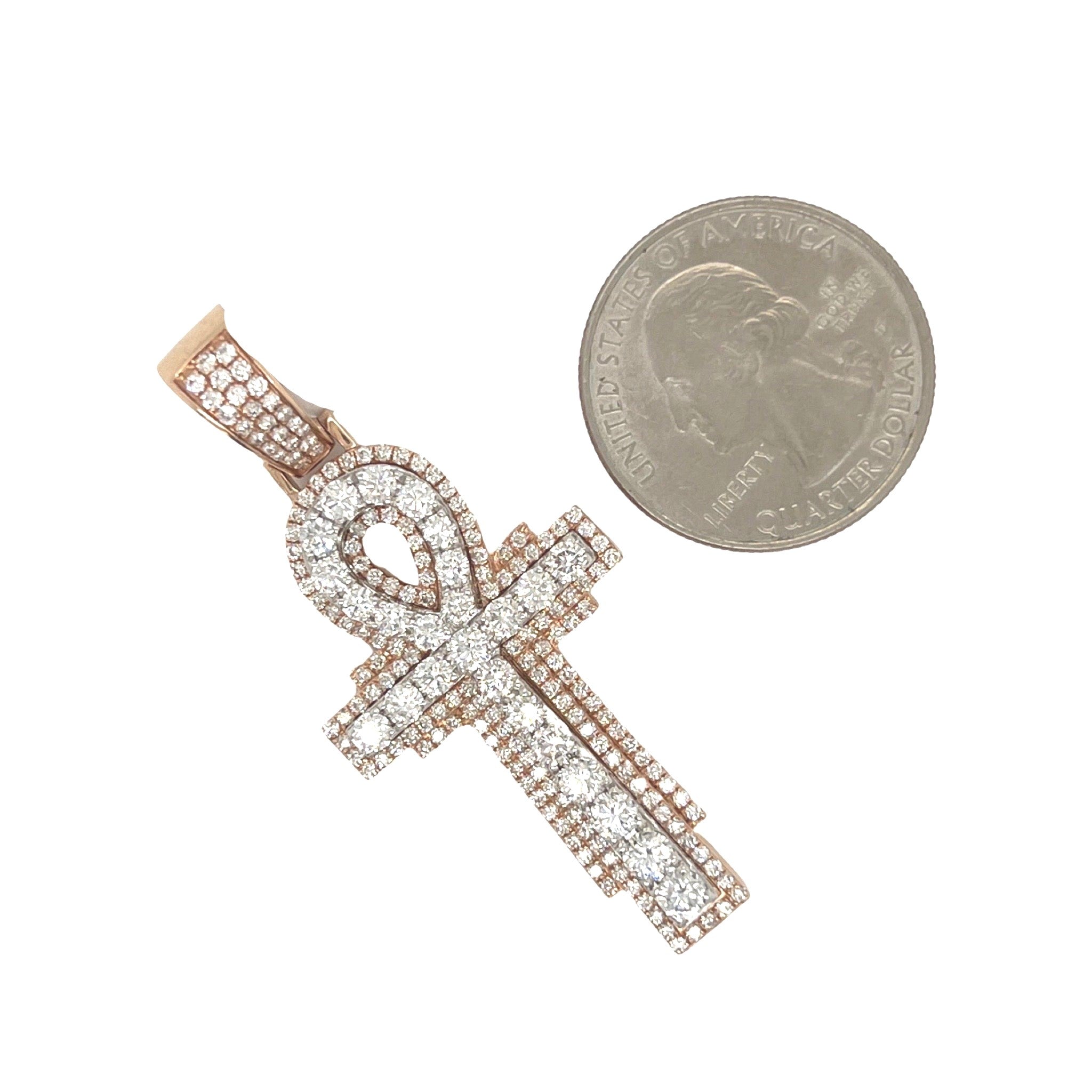 14K Two-Tone Gold 3D Egyptian Ankh Diamond Cross Pendant 3.0 CT 2"