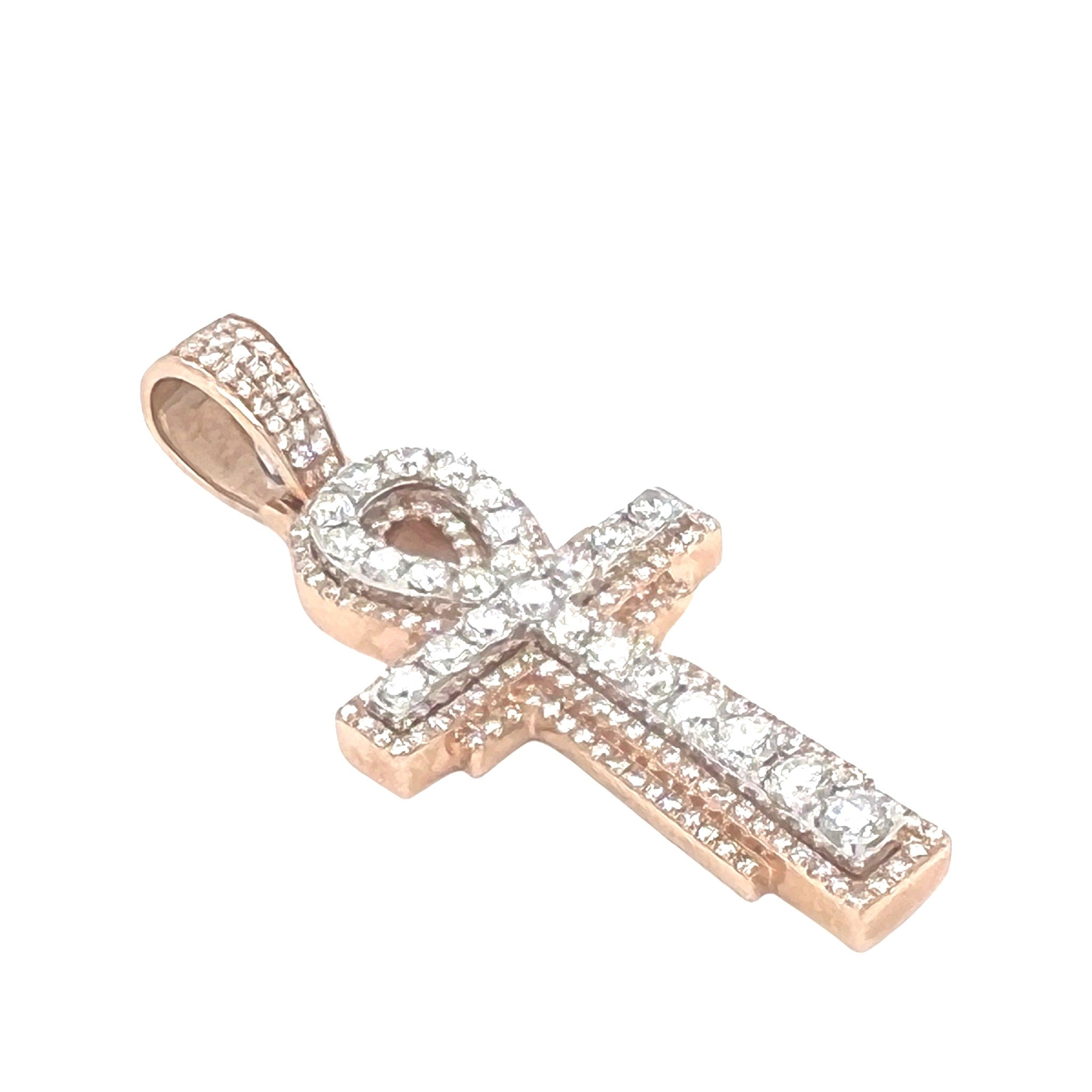 14K Two-Tone Gold 3D Egyptian Ankh Diamond Cross Pendant 3.0 CT 2"