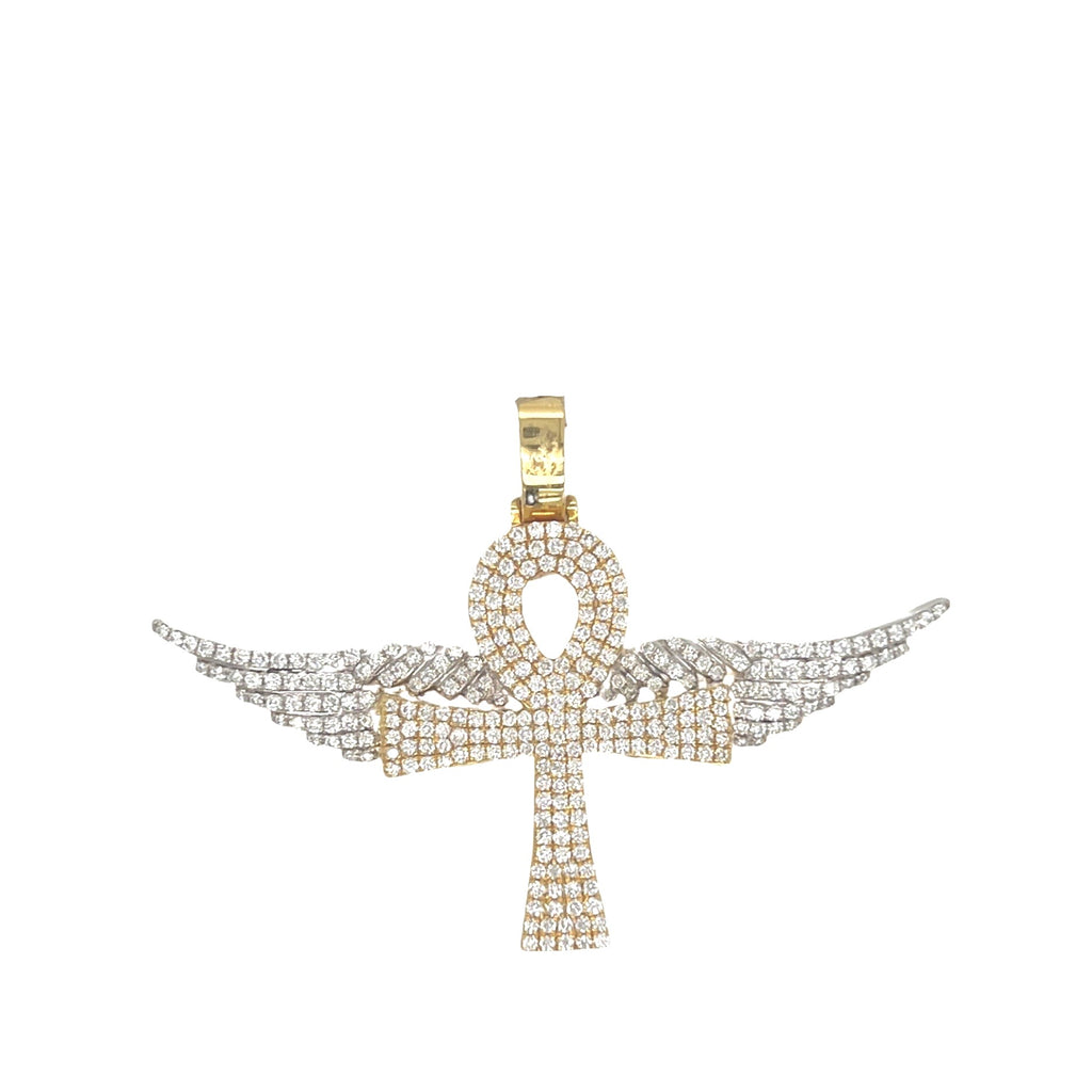 10K Two-Tone Gold Egyptian Ankh Wings Diamond Cross Pendant 1.65 CT 1.5"