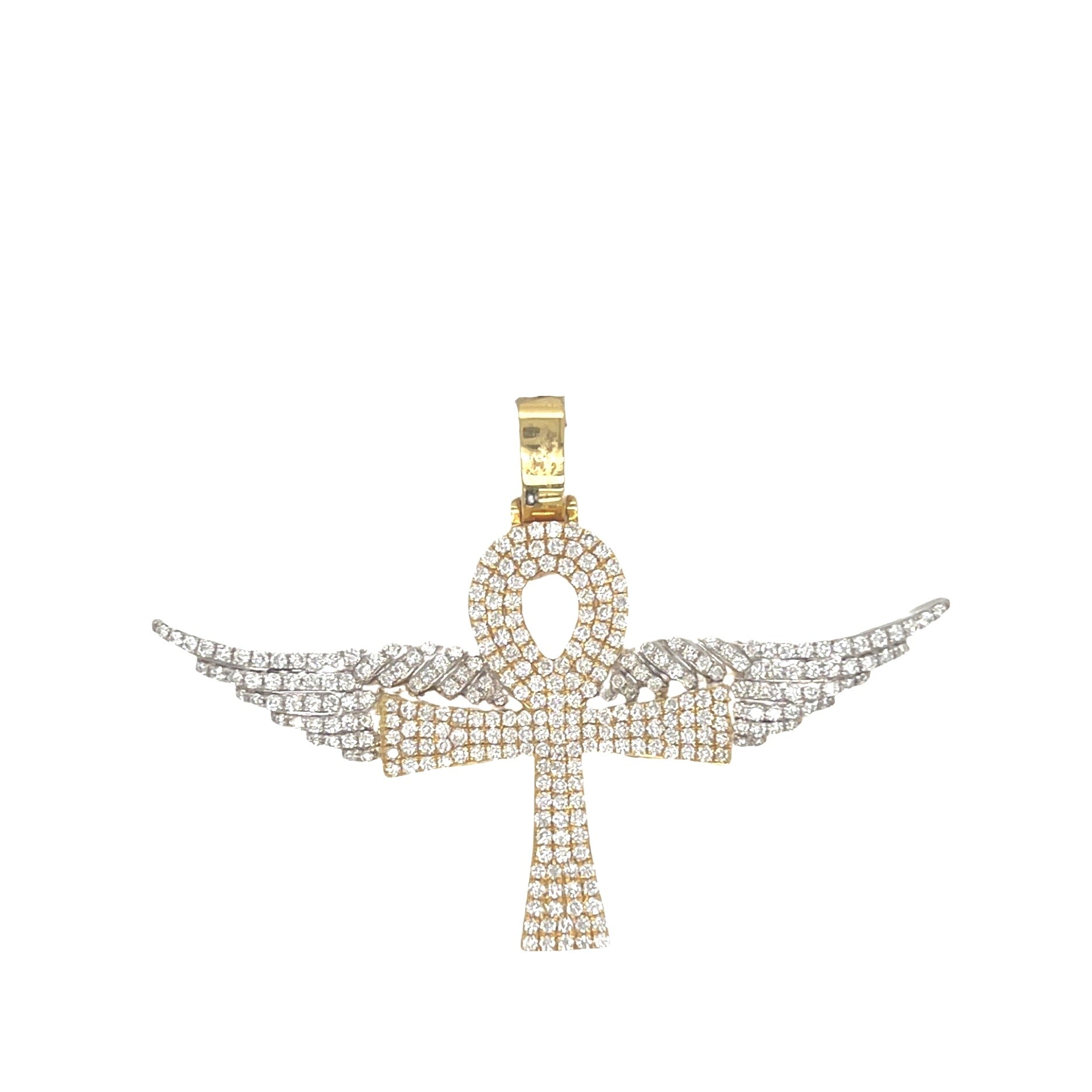 10K Two-Tone Gold Egyptian Ankh Wings Diamond Cross Pendant 1.65 CT 1.5"