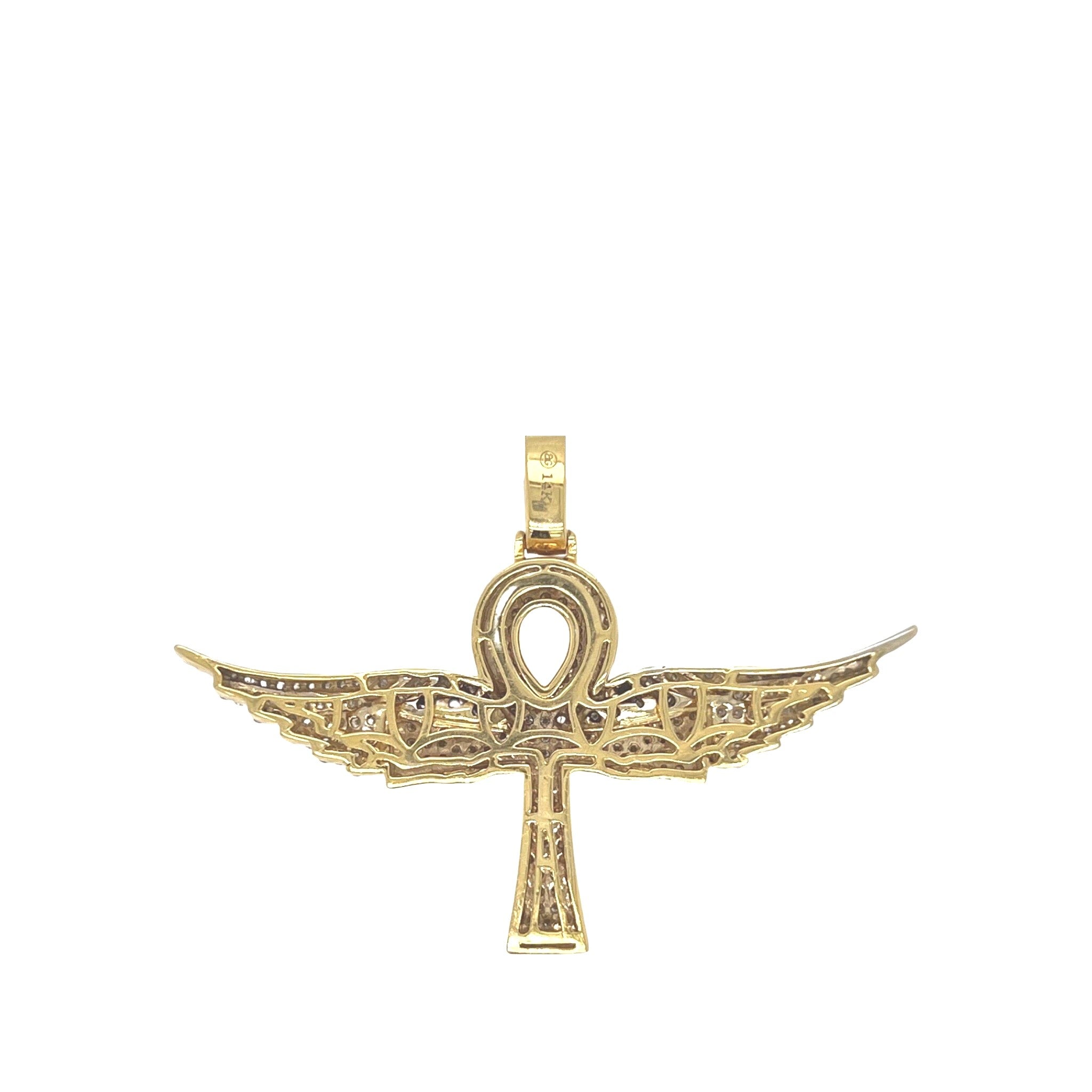 10K Two-Tone Gold Egyptian Ankh Wings Diamond Cross Pendant 1.65 CT 1.5"