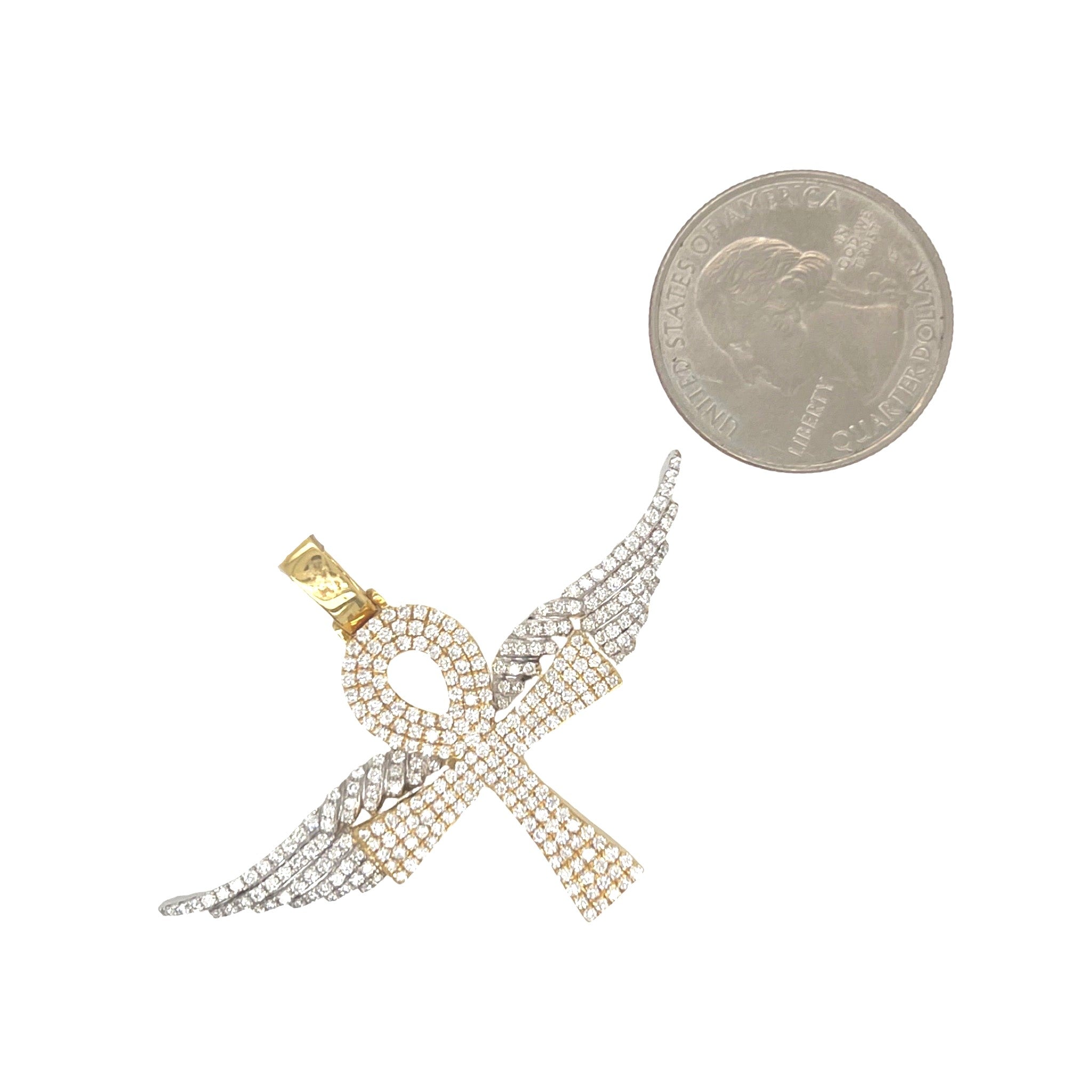 10K Two-Tone Gold Egyptian Ankh Wings Diamond Cross Pendant 1.65 CT 1.5"