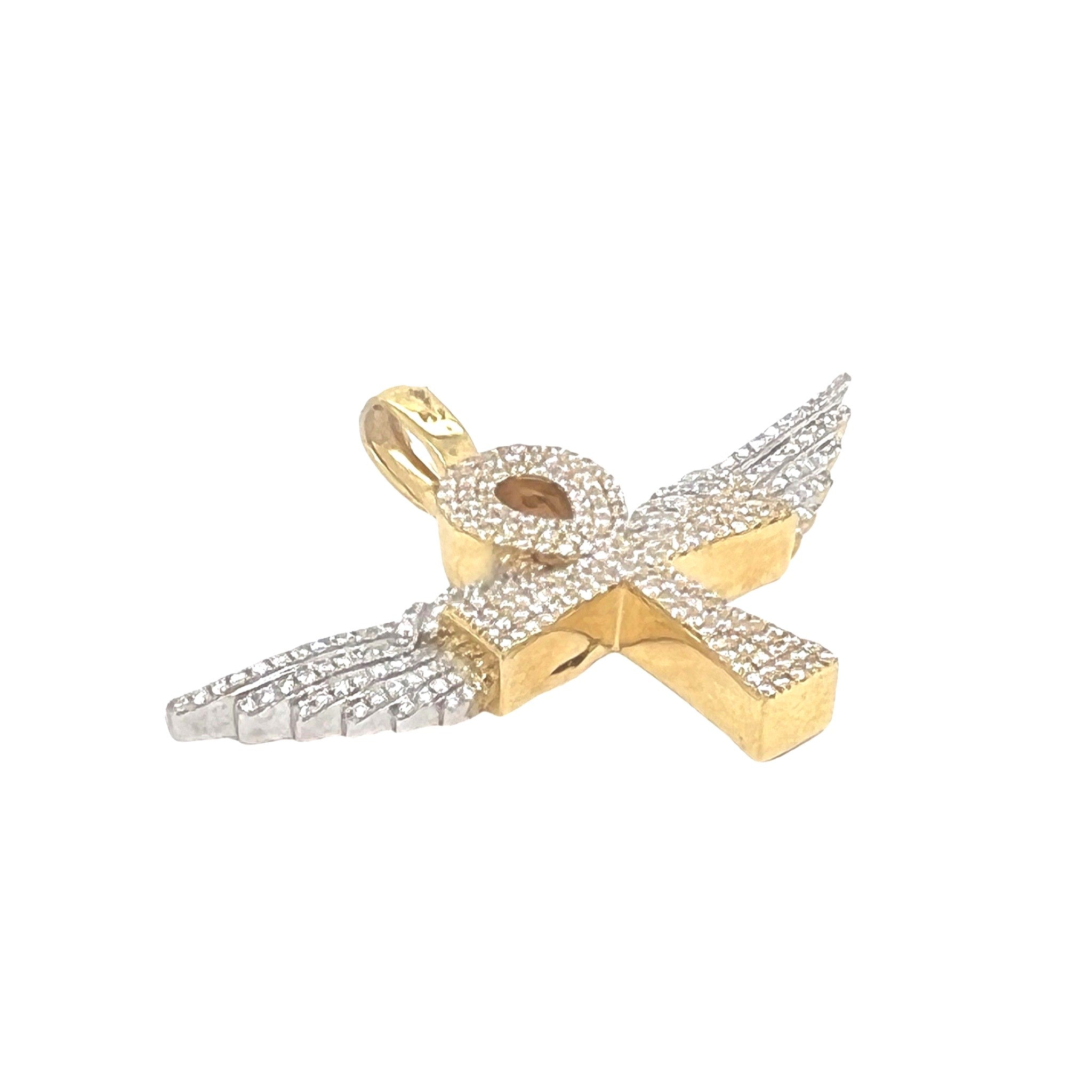 10K Two-Tone Gold Egyptian Ankh Wings Diamond Cross Pendant 1.65 CT 1.5"