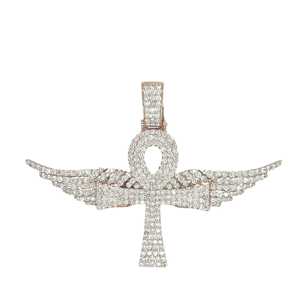 10K Rose Gold Egyptian Ankh Wings Diamond Cross Pendant 3.1 CT 1.75"