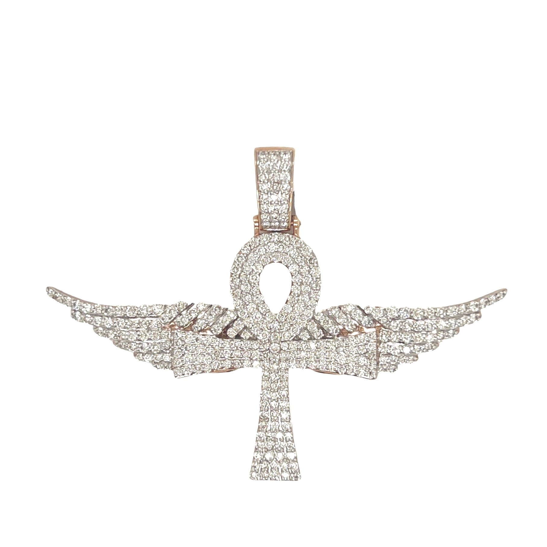 10K Rose Gold Egyptian Ankh Wings Diamond Cross Pendant 3.1 CT 1.75"