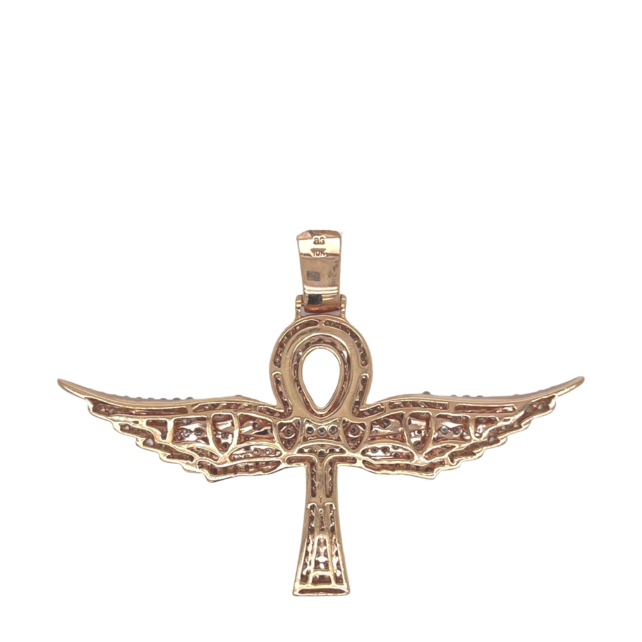 10K Rose Gold Egyptian Ankh Wings Diamond Cross Pendant 3.1 CT 1.75"