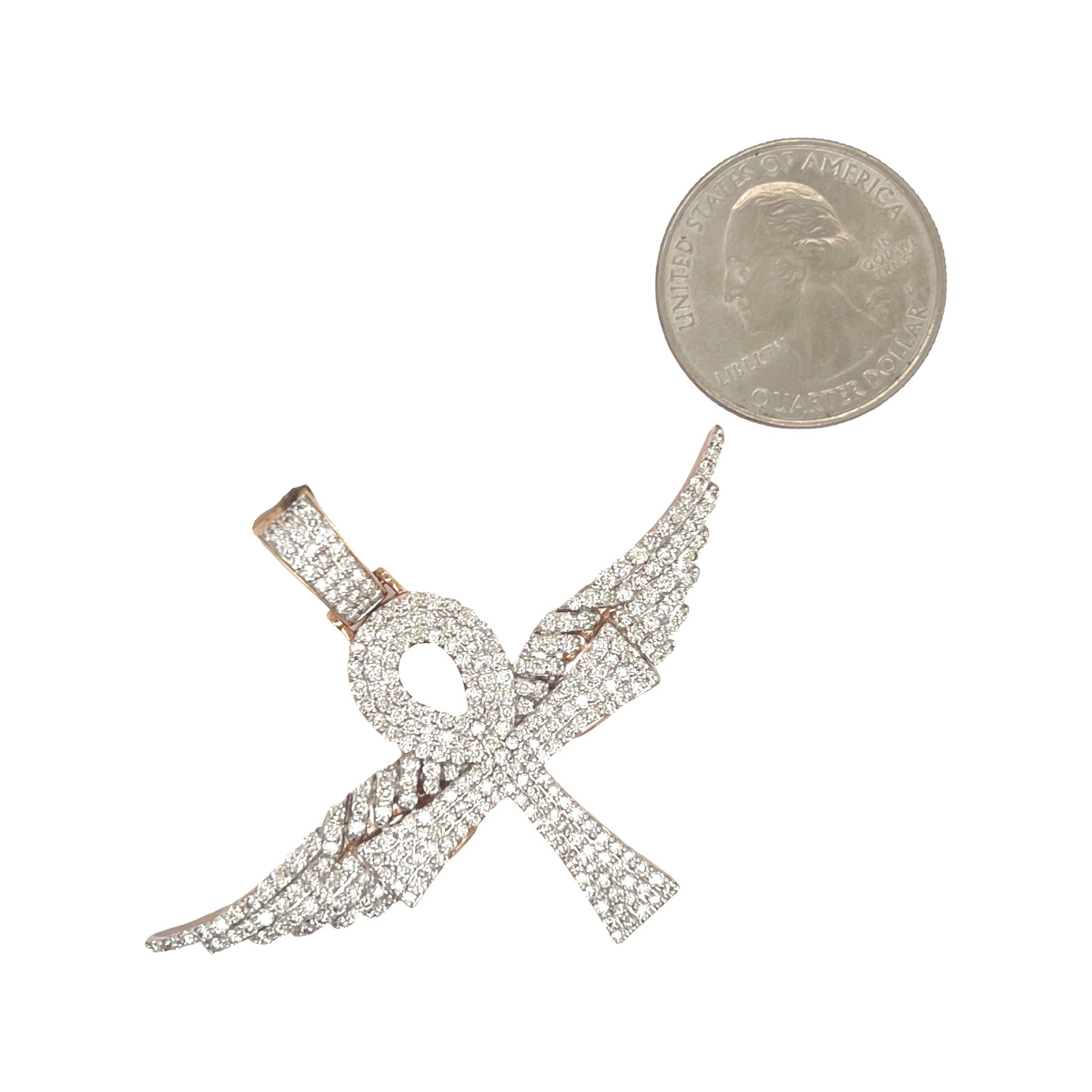 10K Rose Gold Egyptian Ankh Wings Diamond Cross Pendant 3.1 CT 1.75"