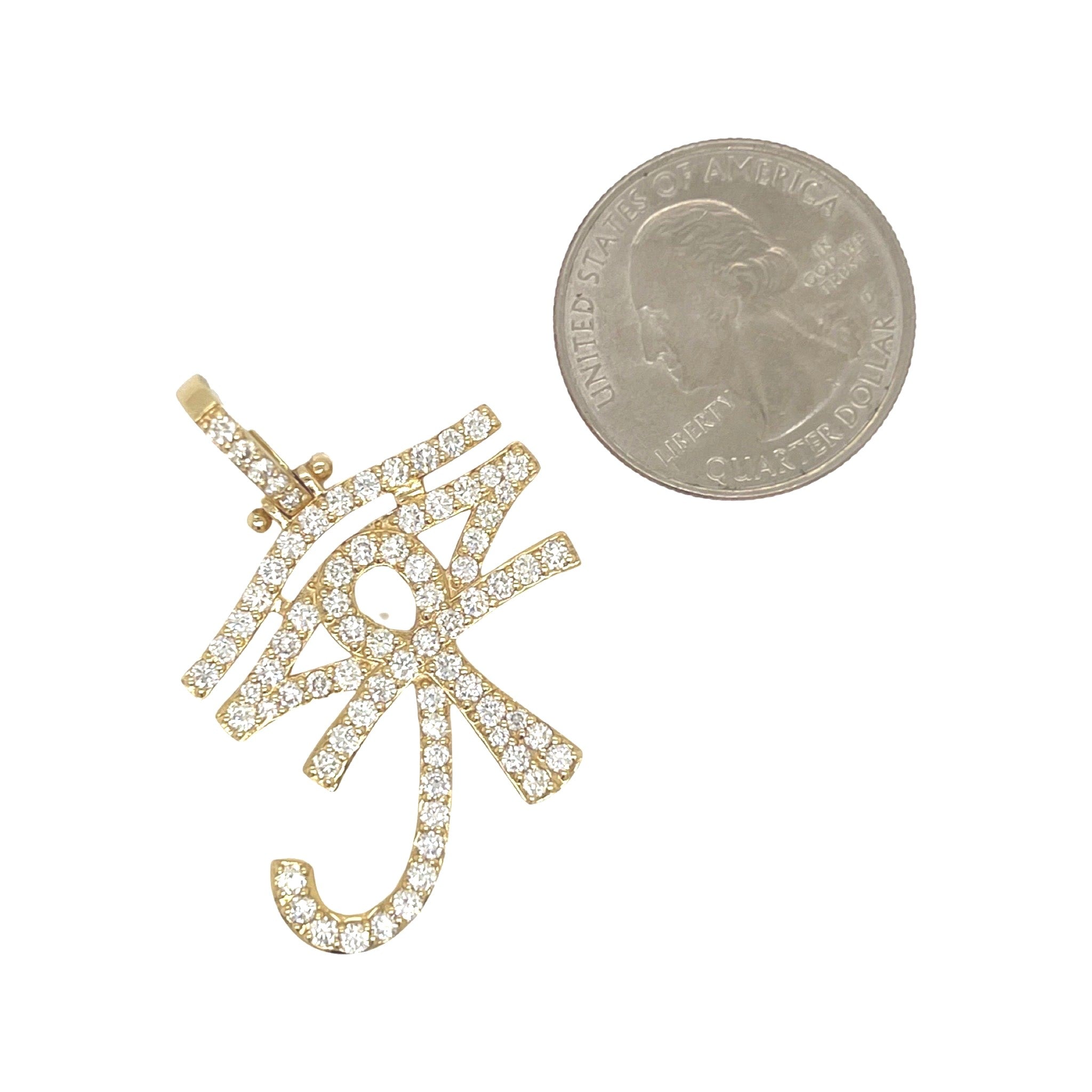 14K Yellow Gold Egyptian Ra Eye Ankh Diamond Cross Pendant 2.04 CT 1.4"