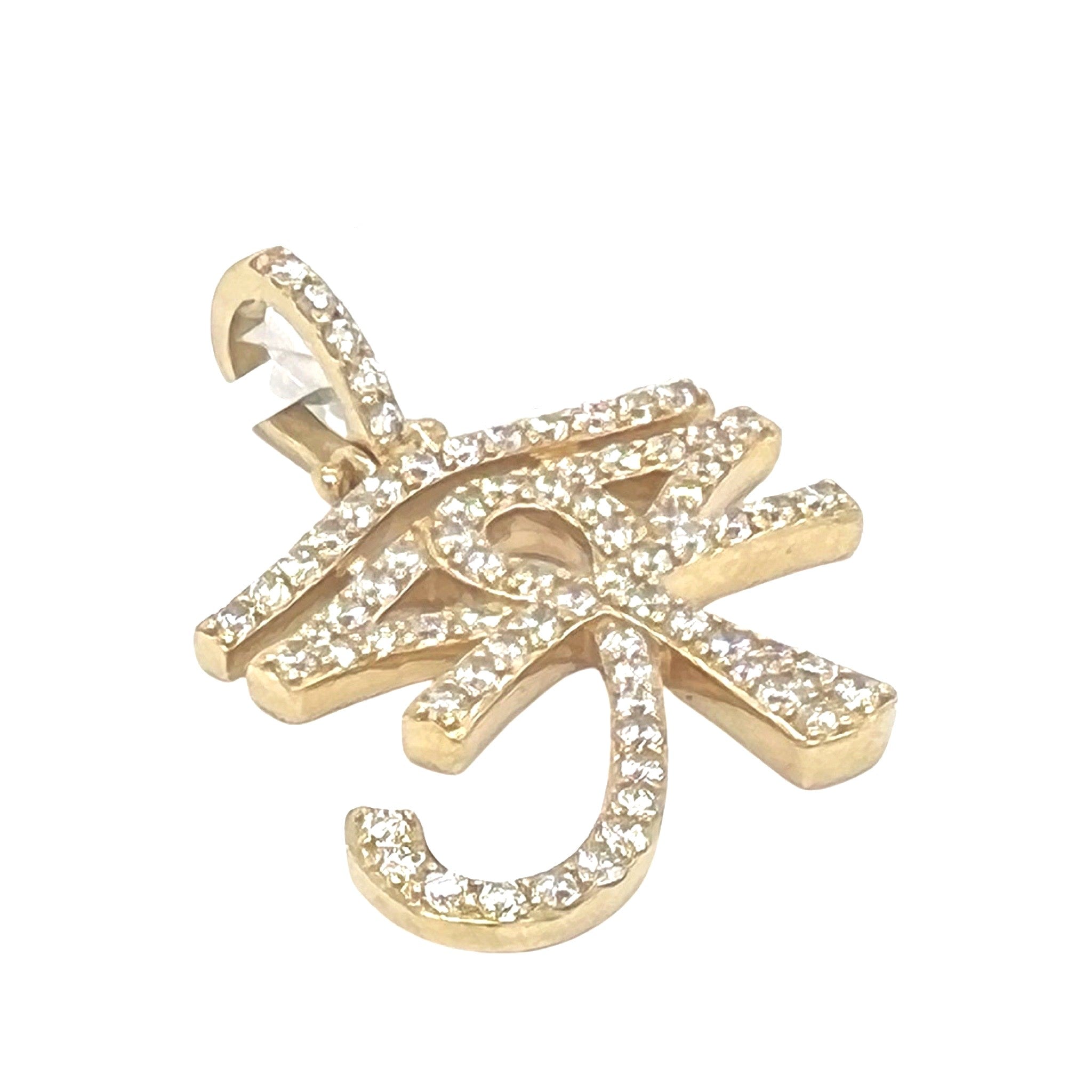 14K Yellow Gold Egyptian Ra Eye Ankh Diamond Cross Pendant 2.04 CT 1.4"