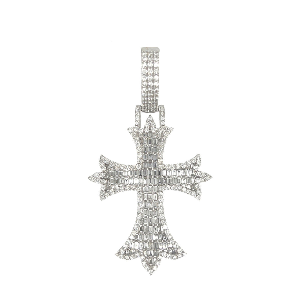 10K White Gold Designer Emerald VS Diamond Cross Pendant 5.25 CT 2.8"