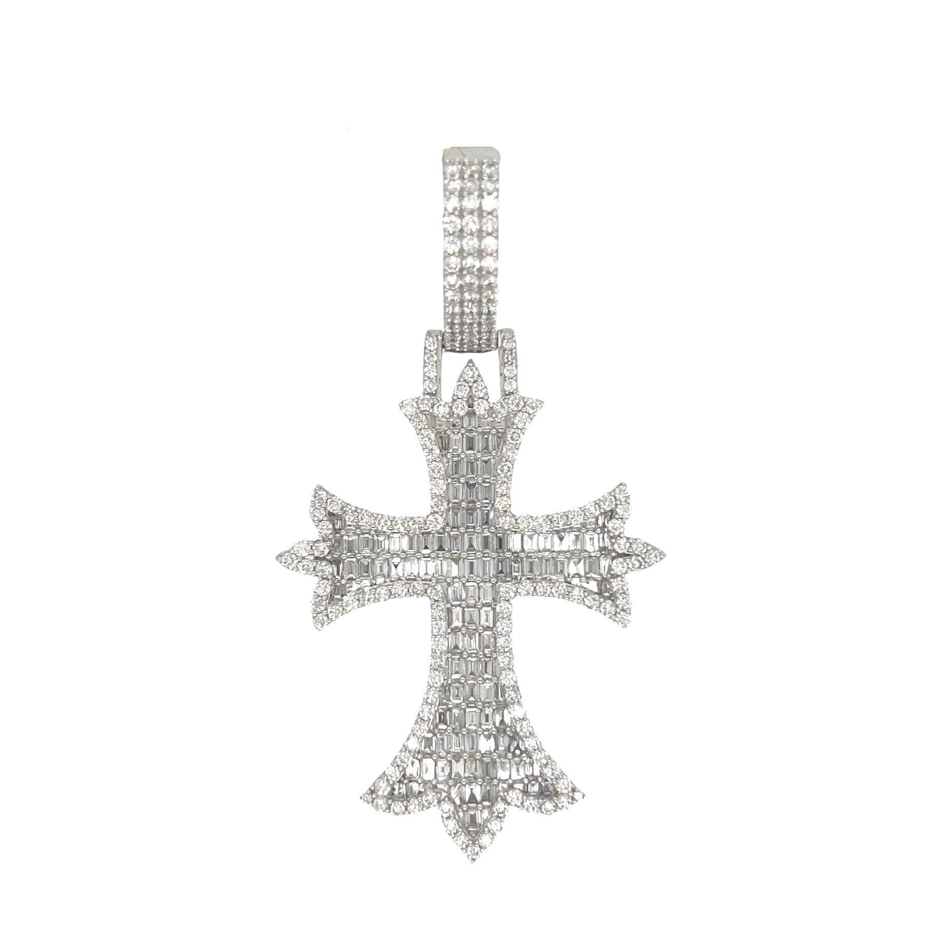 10K White Gold Designer Emerald VS Diamond Cross Pendant 5.25 CT 2.8"