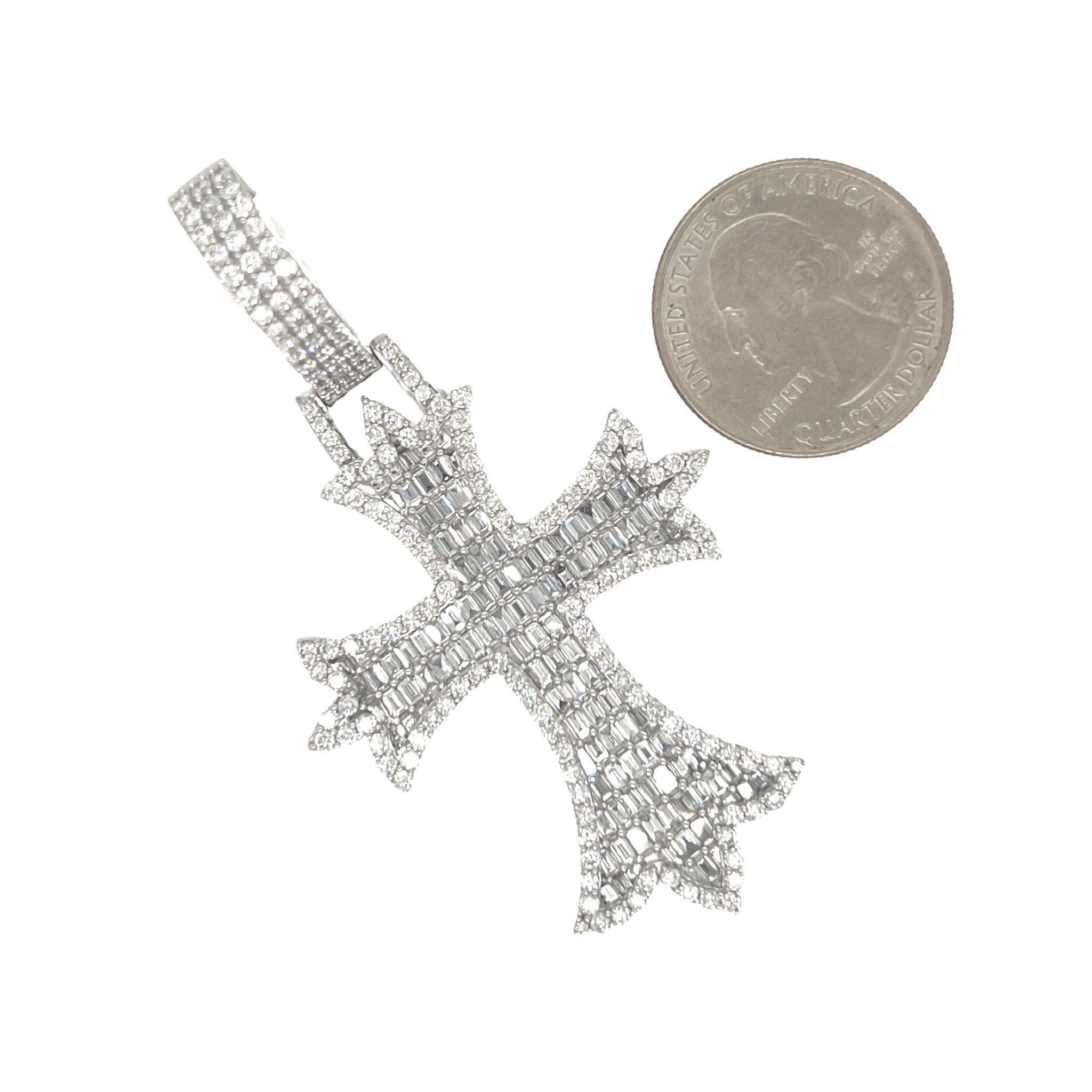 10K White Gold Designer Emerald VS Diamond Cross Pendant 5.25 CT 2.8"
