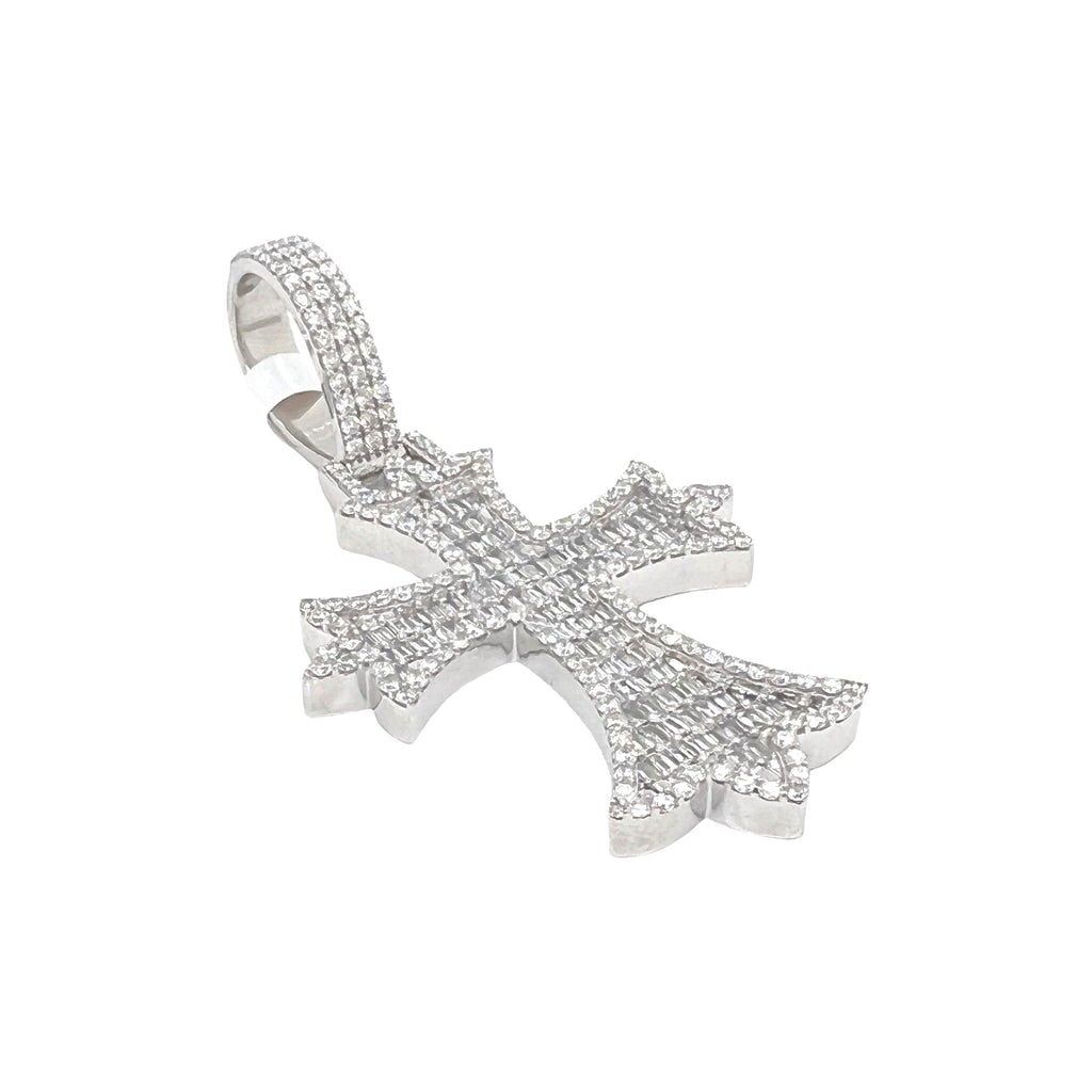 10K White Gold Designer Emerald VS Diamond Cross Pendant 5.25 CT 2.8"