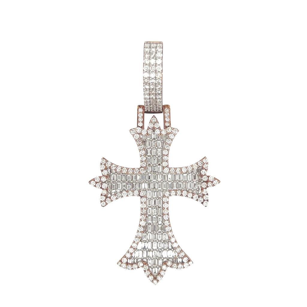 10K Rose Gold Designer Emerald VS Diamond Cross Pendant 5.25 CT 2.8"