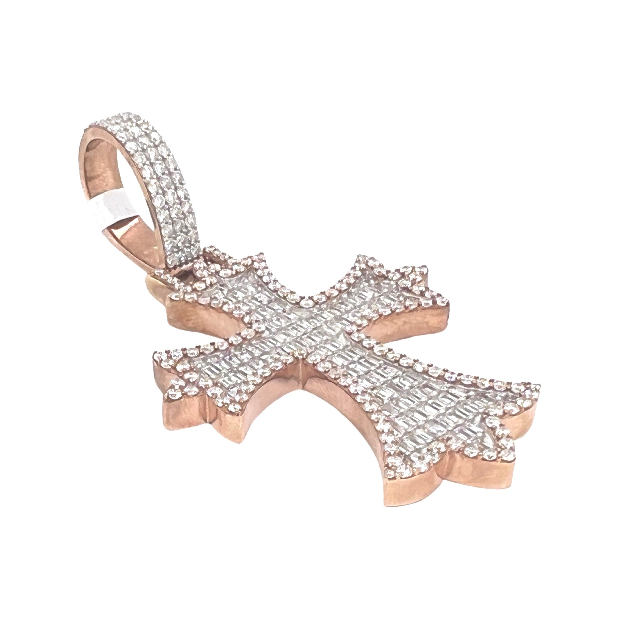 10K Rose Gold Designer Emerald VS Diamond Cross Pendant 5.25 CT 2.8"