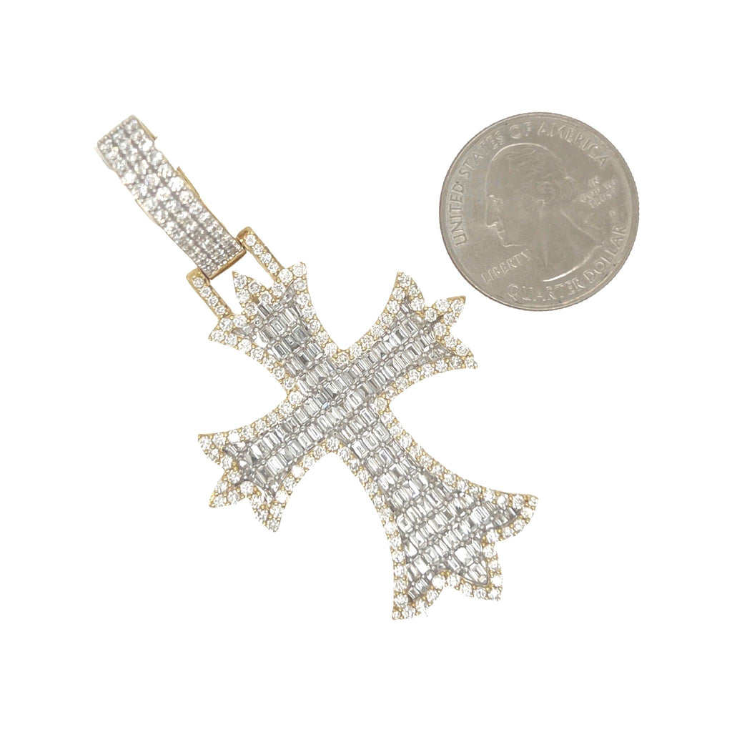 10K Yellow Gold Designer Emerald VS Diamond Cross Pendant 5.25 CT 2.8"